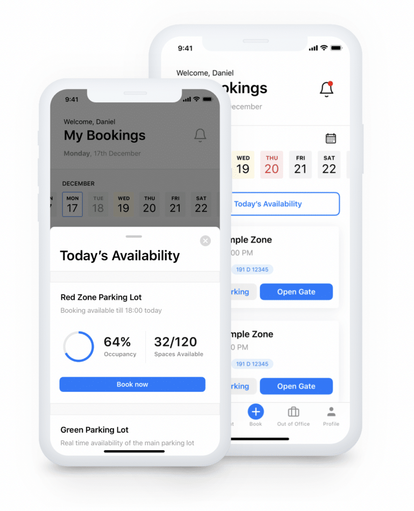 Two smartphone screens display a parking app. The screens show booking details, availability (64% occupancy), and options to book or open the gate for visitor parking.