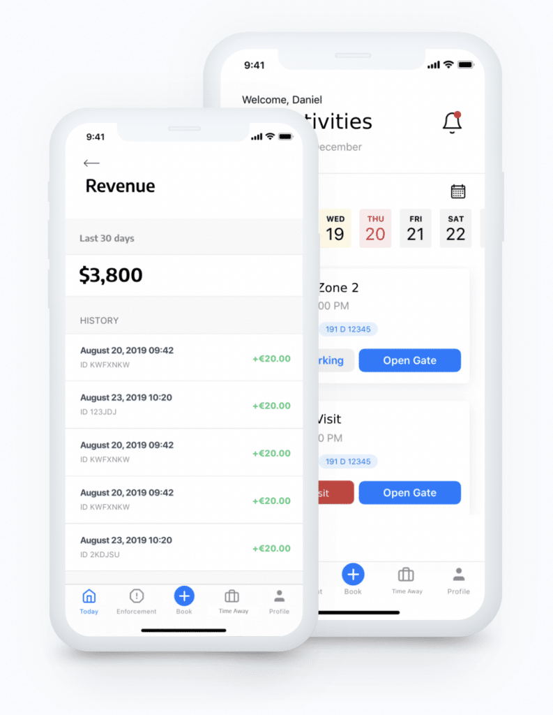 Two overlapping smartphone screens. The first screen shows a revenue summary of $3,800 with detailed transactions from Wayleadr's commercial parking feature. The second screen displays a calendar with scheduled activities from August 19 to August 22, essential for efficient parking lot management.