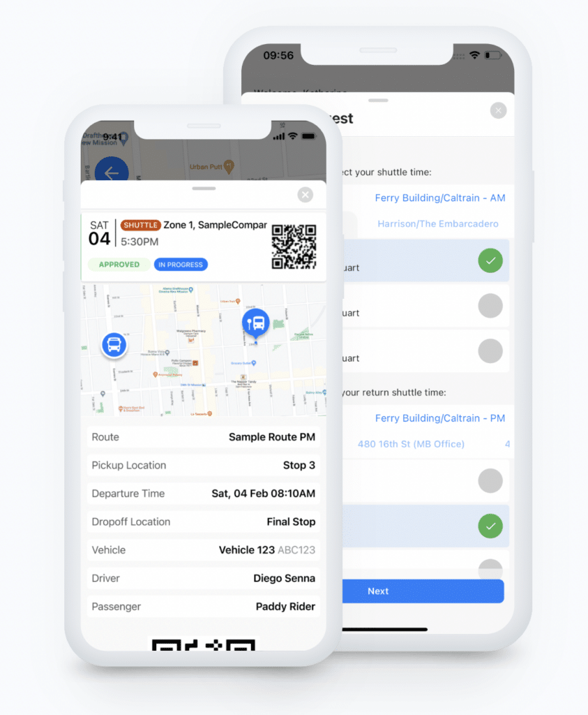 Two smartphone screens display a shuttle service app. The left screen shows booking details, including a map, route, vehicle ID, driver, and passenger information. The right screen shows a schedule selection and options for managing commercial parking.