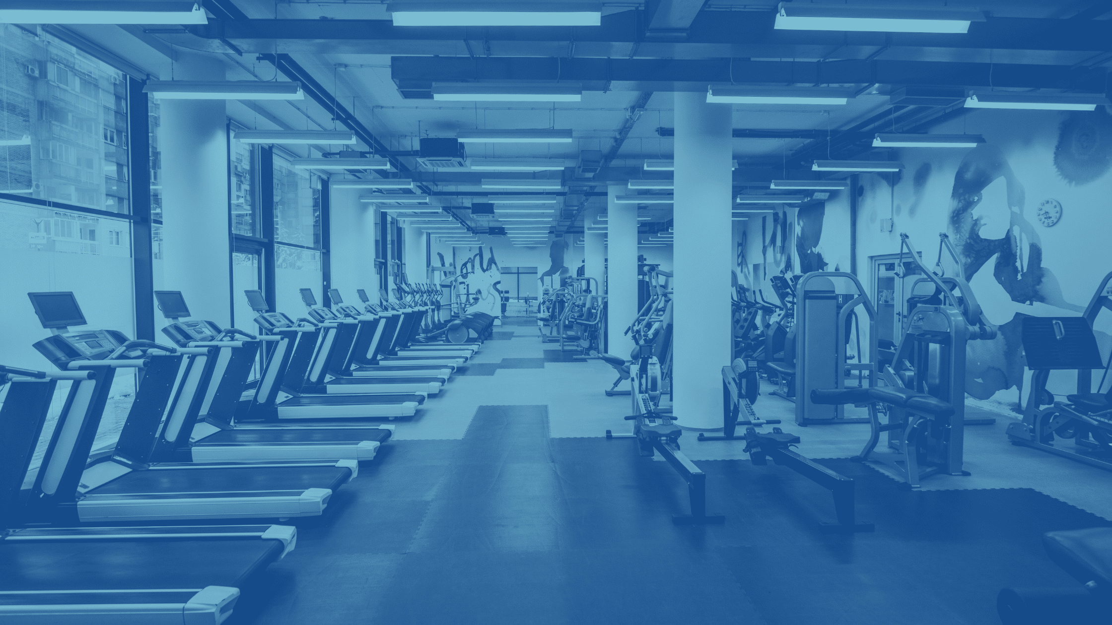 A spacious indoor gym with multiple treadmills, exercise bikes, and strength training equipment lined up neatly under bright fluorescent lighting.