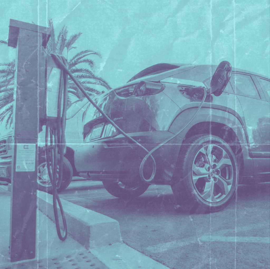 A vehicle is parked at a charging station with an electric cable connected to its charging port, showcasing efficient parking lot management. A palm tree is visible in the background, and the image has a textured effect.