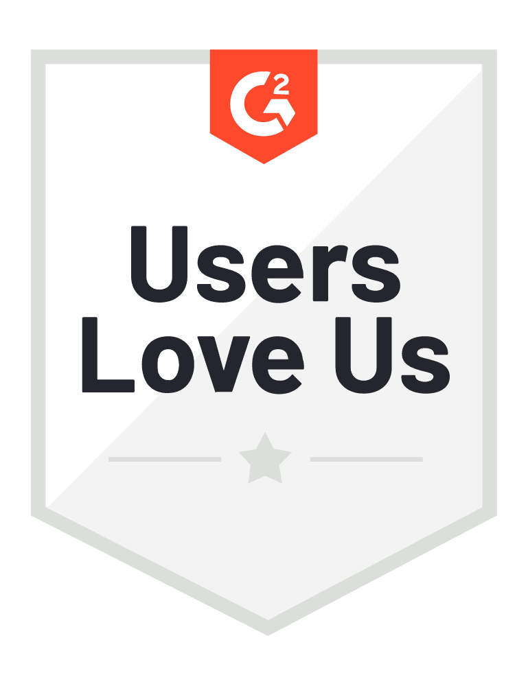 A badge displaying the G2 logo at the top, with the text "Users Love Us" in the center, and a star underneath. The badge, reminiscent of efficient parking management systems, has a gray and white color scheme.