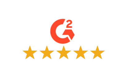 G2 logo above five gold stars, indicating a top rating or review.