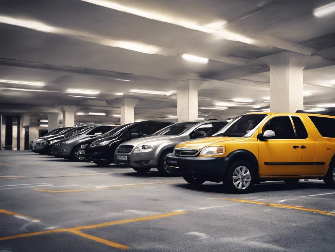 A row of vehicles parked inside an indoor parking garage, managed with professional parking management. Most cars are in shades of grey and black, with one noticeable yellow car standing out. The garage is well-lit with overhead lights.