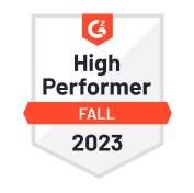 Award badge labeled "High Performer, Fall 2023" with a G2 logo at the top.