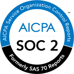 AICPA SOC 2 logo with blue and black circular design, mentioning "Formerly SAS 70 Reports" around the edge.