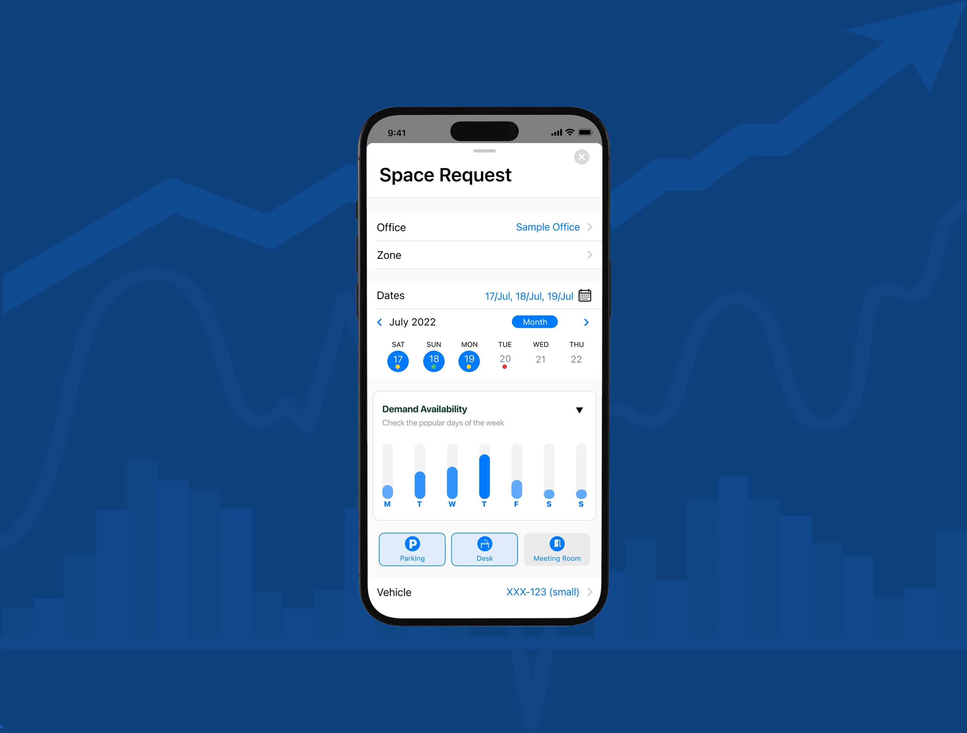 A smartphone screen displays a space request app interface with date selection, demand availability graph, and vehicle option against a blue background with a rising graph silhouette.