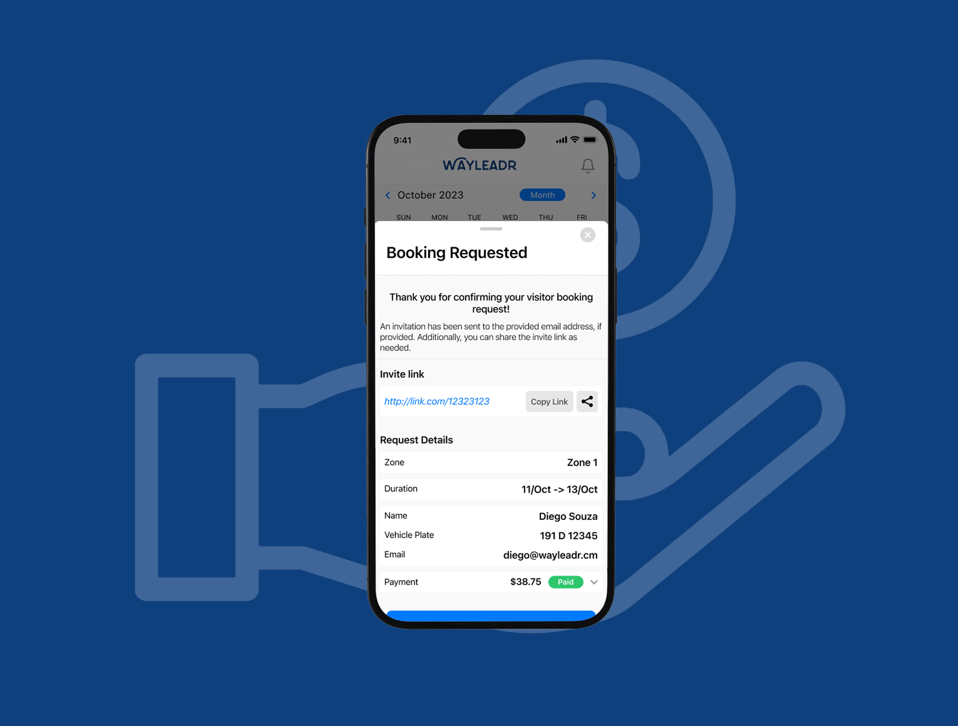 A smartphone displaying a booking confirmation screen for a visitor request dated October 2023, showing details like name, payment, and duration. The background features a graphic of a hand holding a phone.