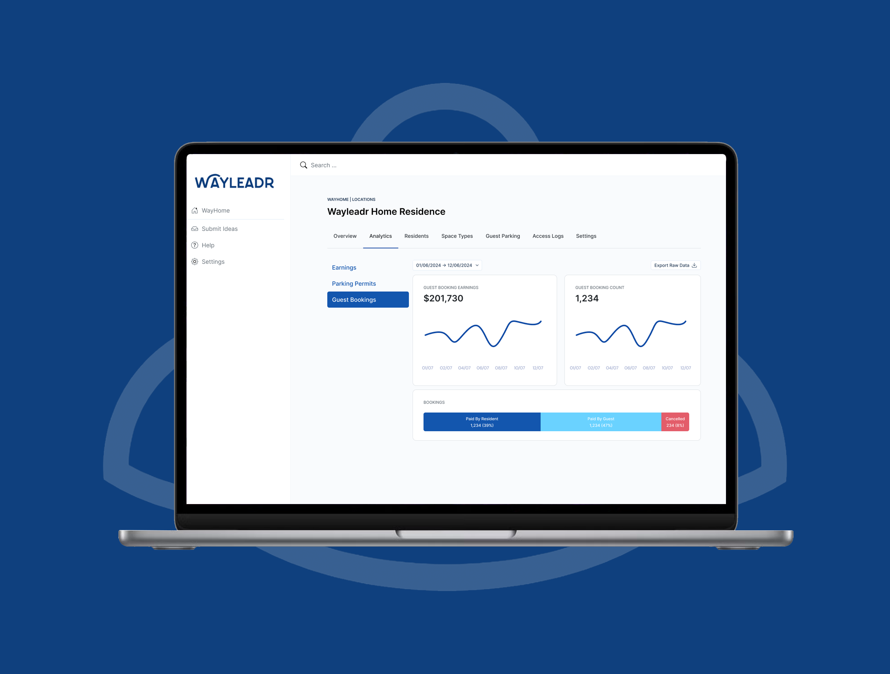 Laptop displaying a dashboard with charts and earnings information against a blue background.