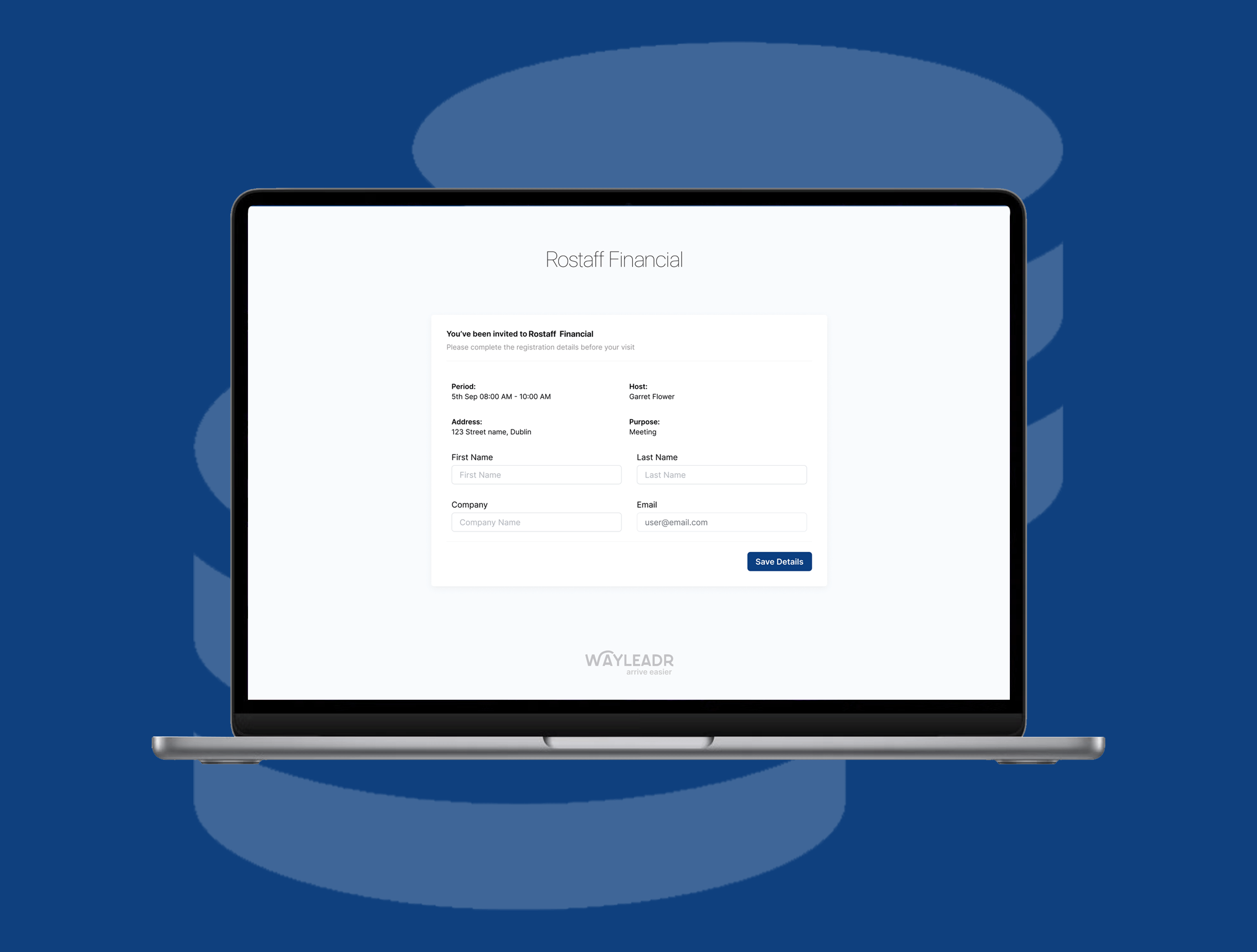 A laptop displaying a financial services webpage form for Rostaff Financial, with fields for name, company, and email against a blue background with circular designs.