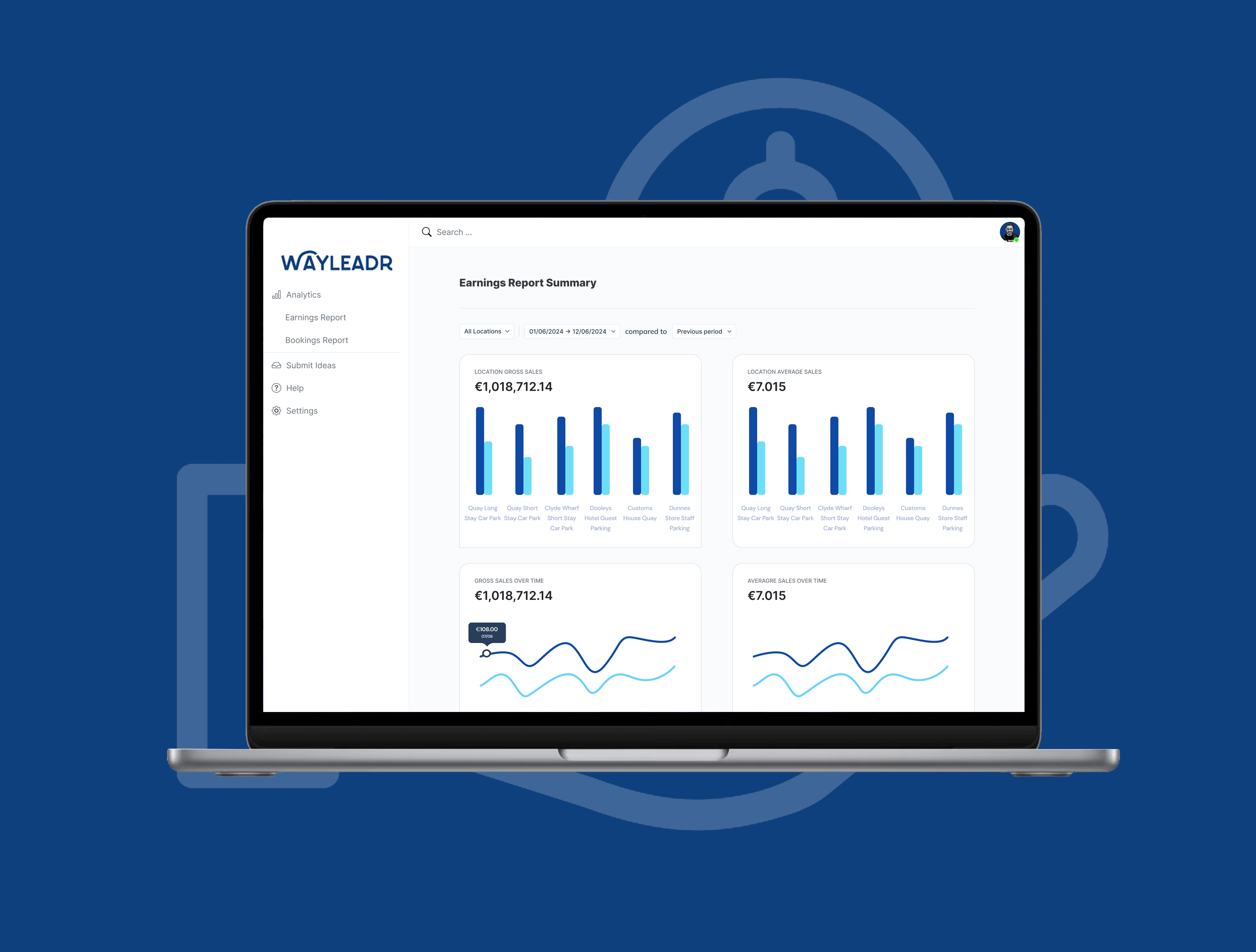 A laptop displays an earnings report summary with graphs and figures from Wayleadr against a blue background.