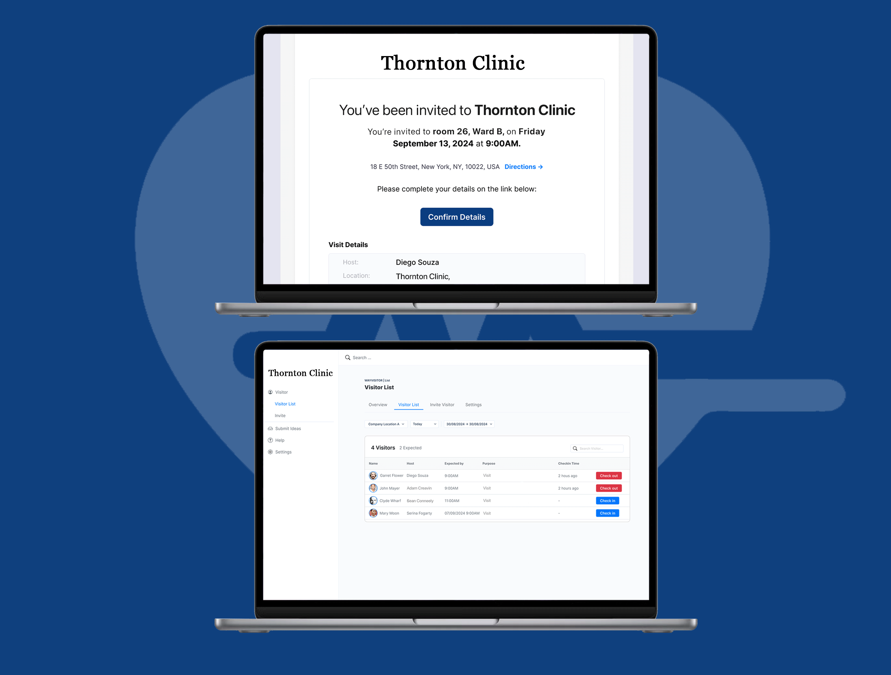 Two open laptops display a clinic invitation and patient information interface for Thornton Clinic against a blue background.