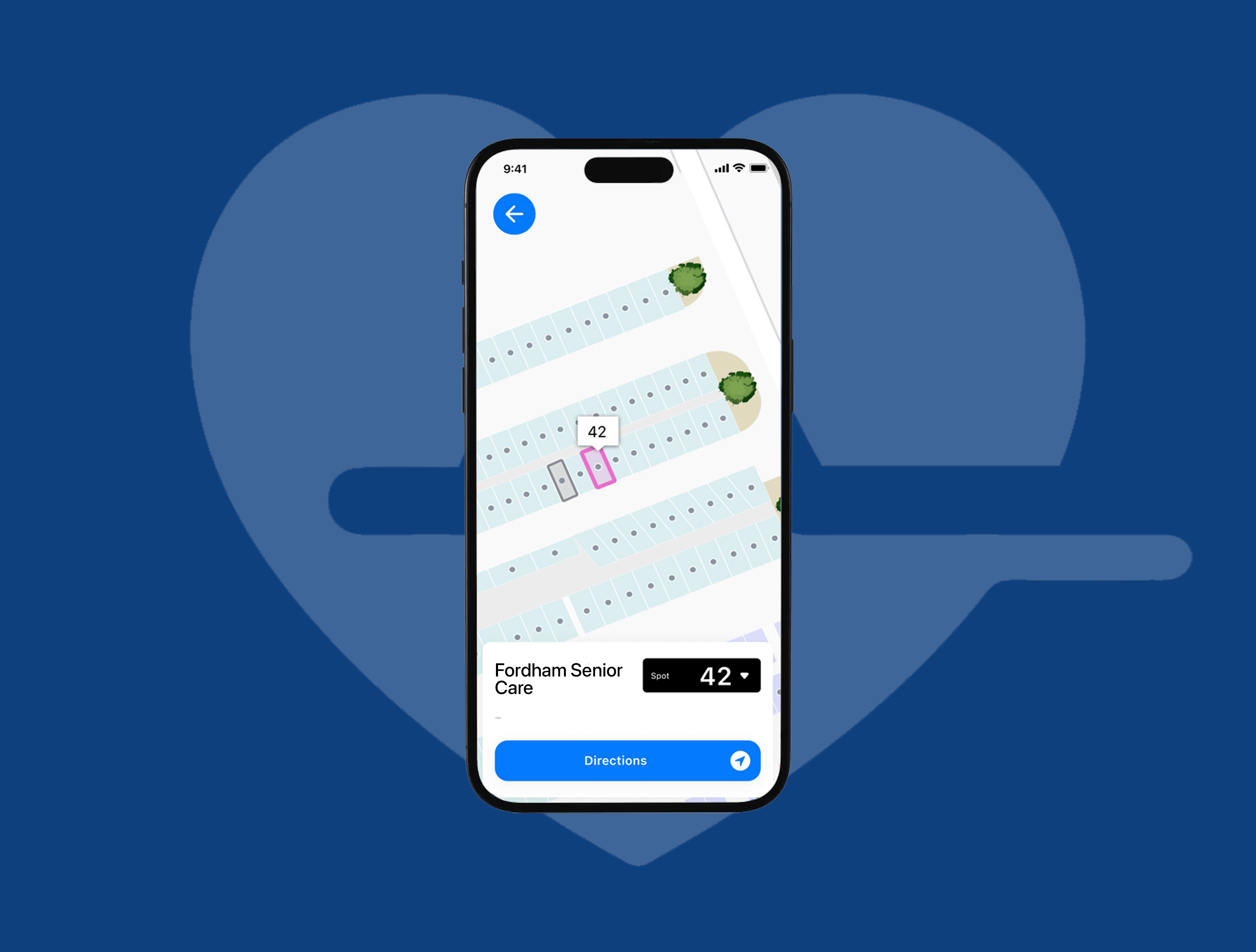 Phone displaying a parking app showing spot 42 at Fordham Senior Care location on a map.