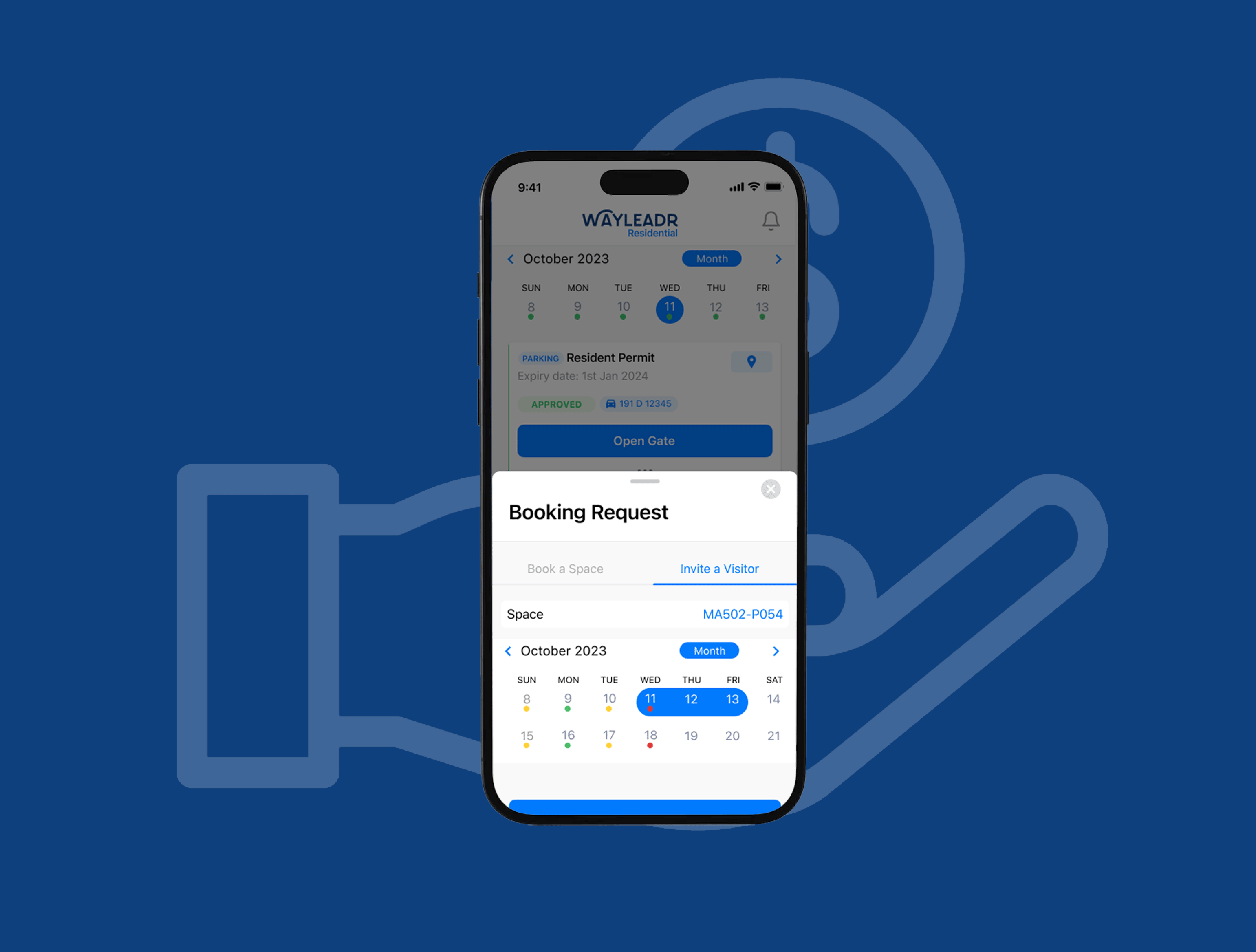 Smartphone screen displaying a parking booking app with calendar and booking options, set against a blue background with a hand and coin graphic.