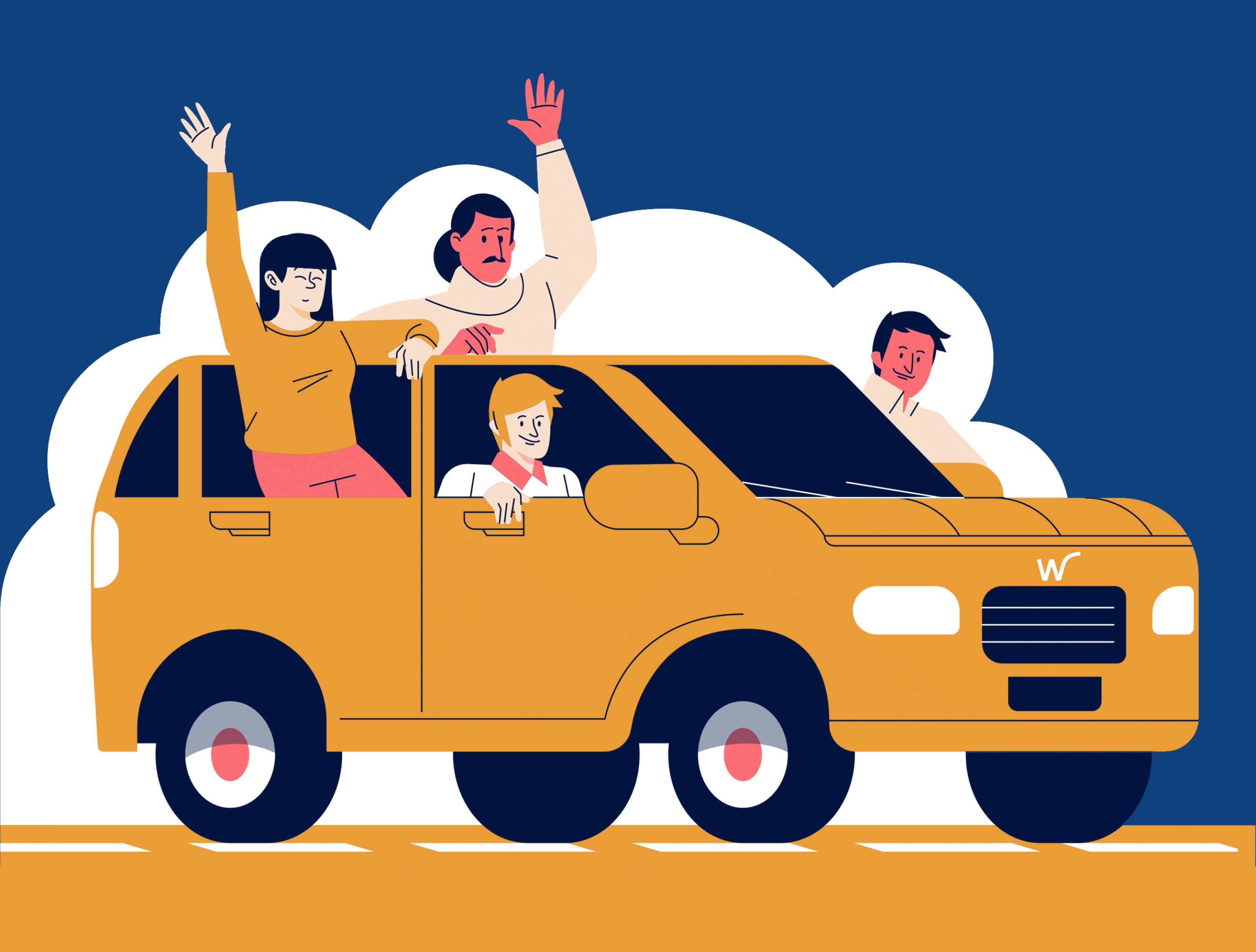 Illustration of four people joyfully waving from a moving yellow car with a stylized "W" on the grille, set against a blue and white background.