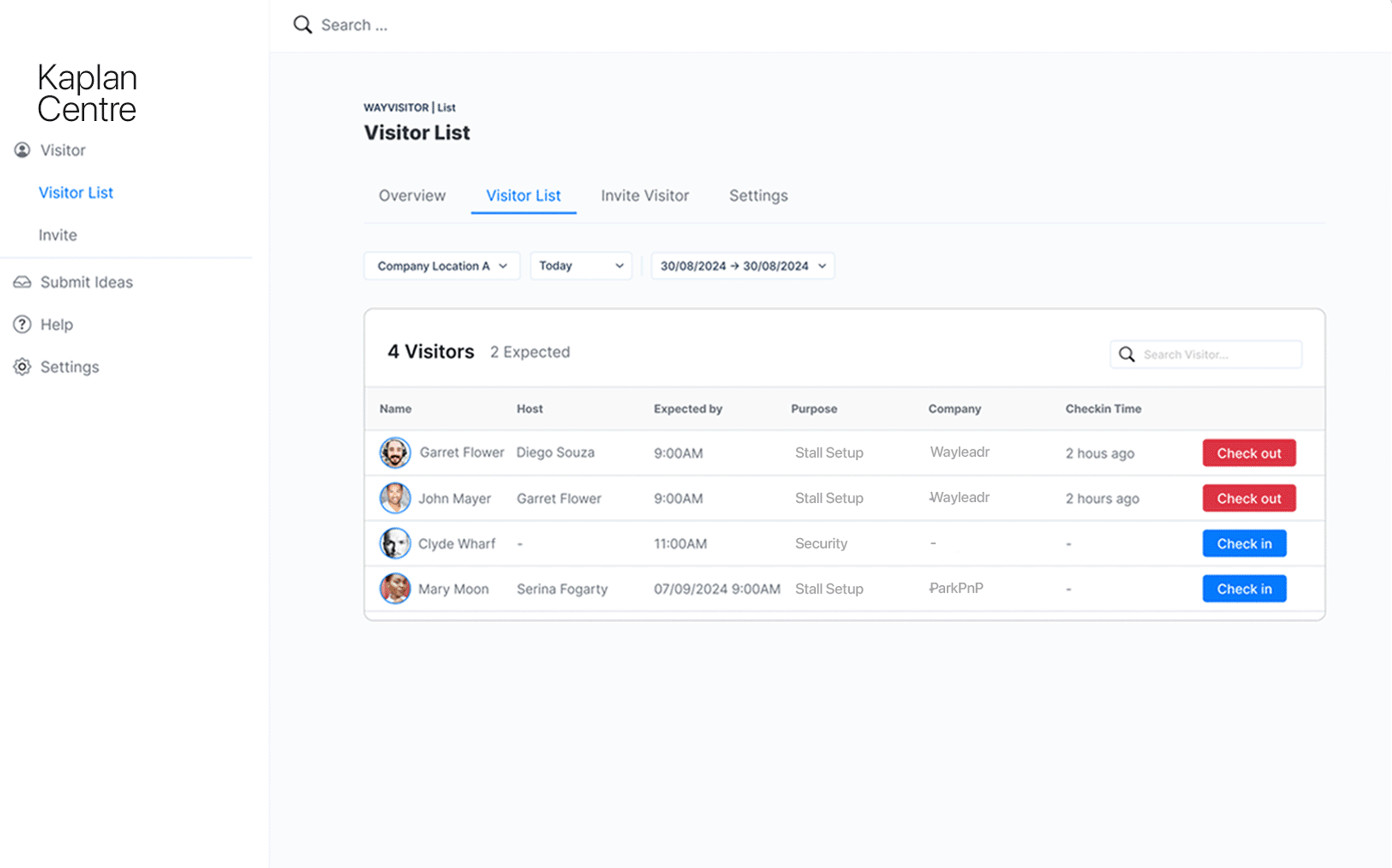 Visitor management interface showing four visitors, their hosts, expected time of arrival, purpose, company, and check-in status. Options to check in or out are displayed for each visitor.