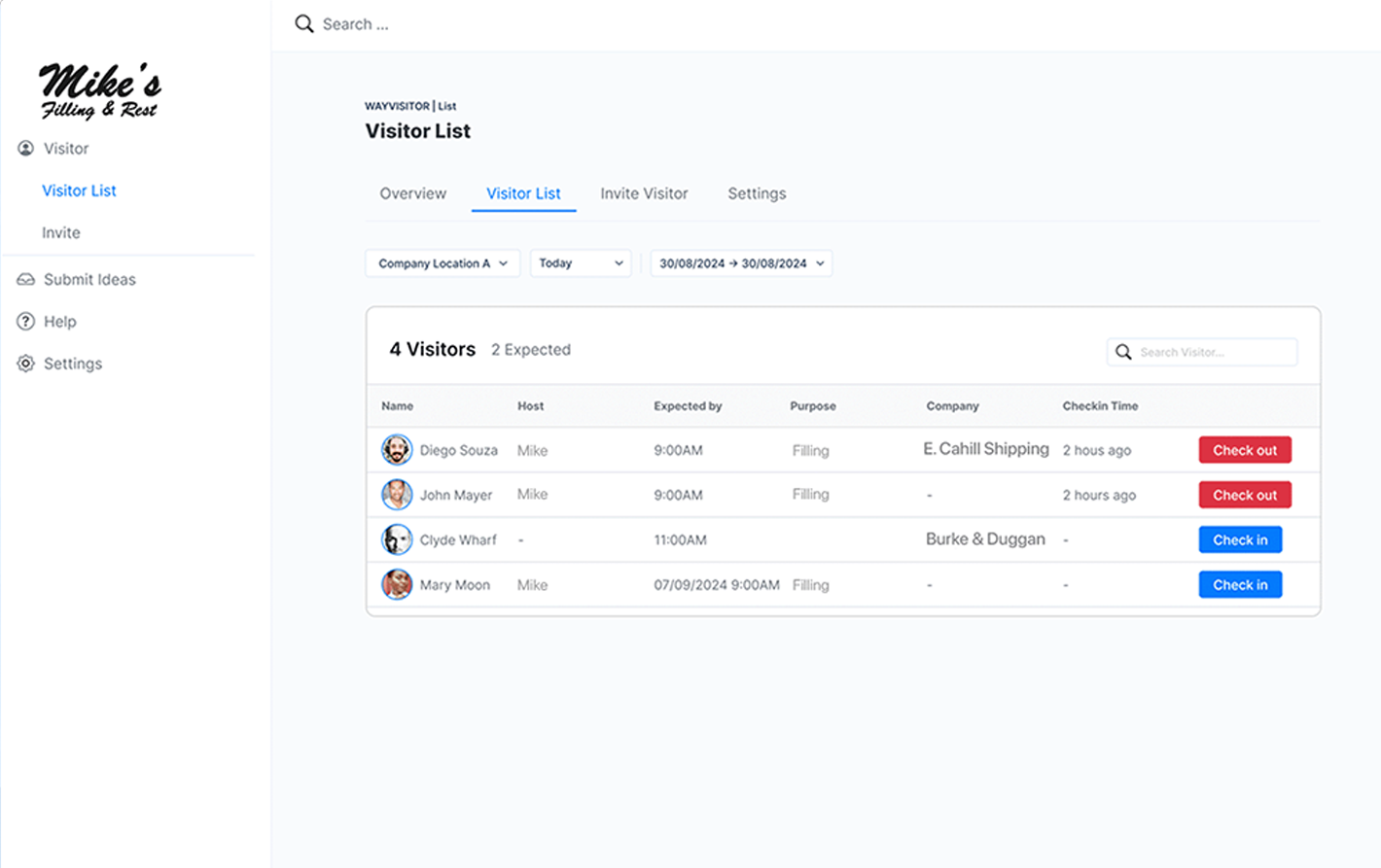 Visitor list showing four entries with check-in times, purposes, and company details. Two visitors with check-out and two with check-in options visible.
