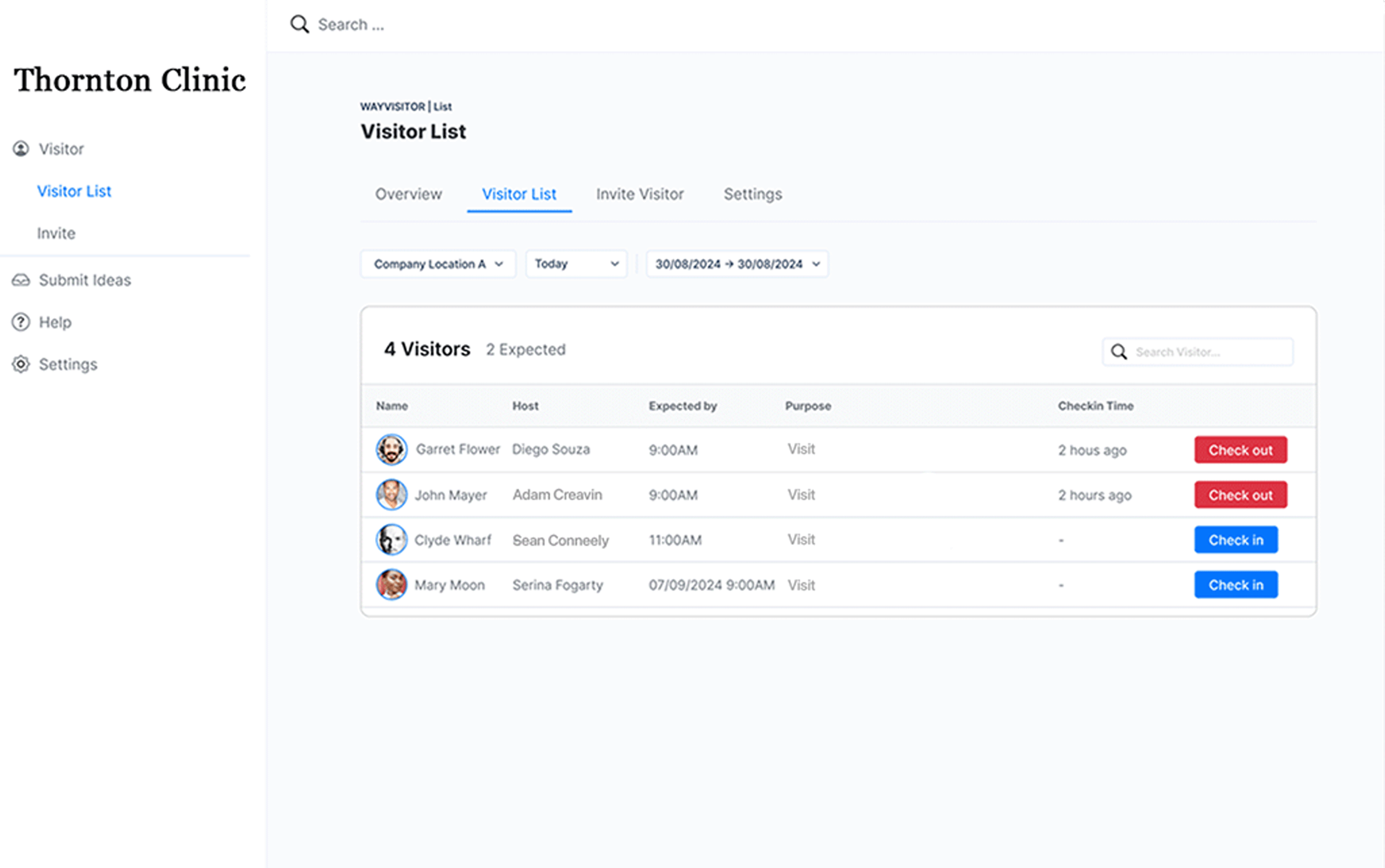 Visitor list page for Thornton Clinic showing four entries with names, expected times, purposes, and check-in/check-out status in a table format. Options for selecting location and date are visible.