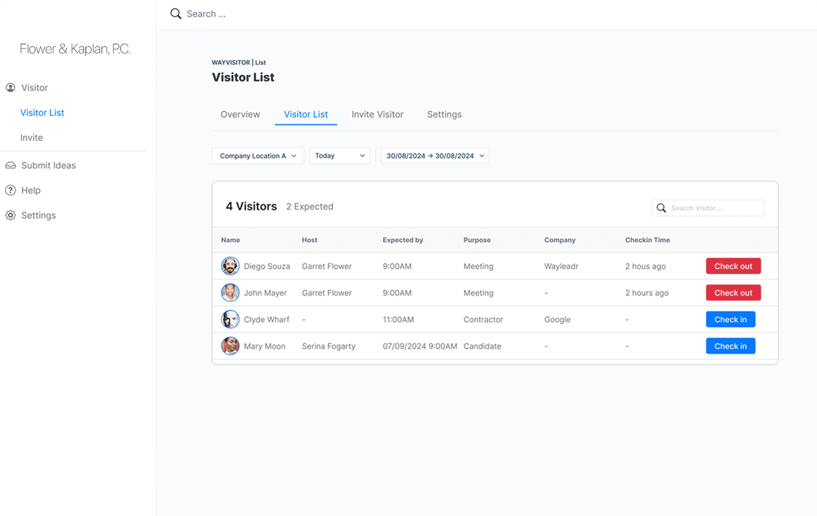 Screenshot of a visitor management dashboard showing a list of four visitors with details such as name, host, arrival time, purpose, company, check-in time, and check-out options.