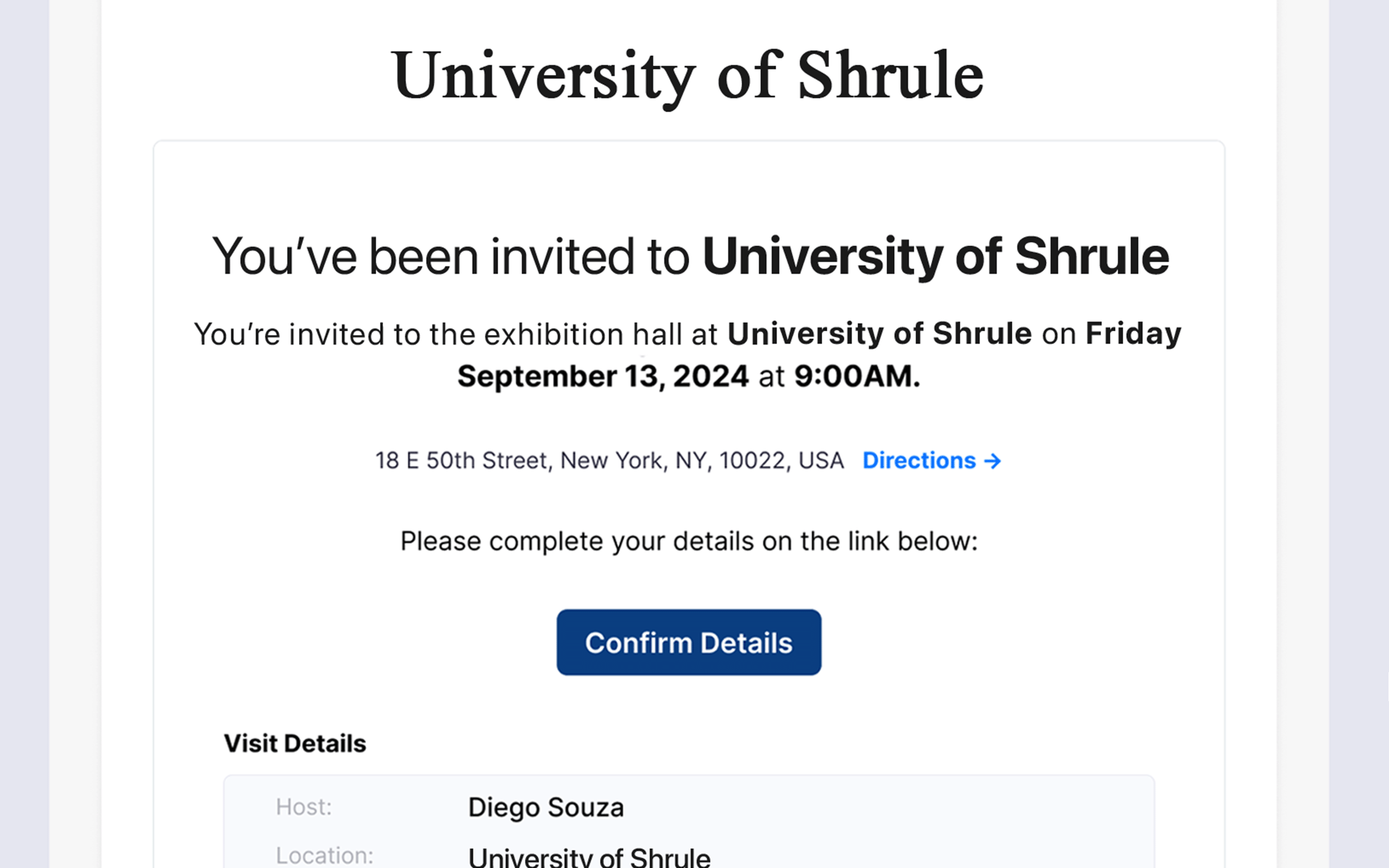 Invitation to University of Shrule exhibition hall on September 13, 2024, at 9:00 AM in New York, NY. Button reads "Confirm Details".