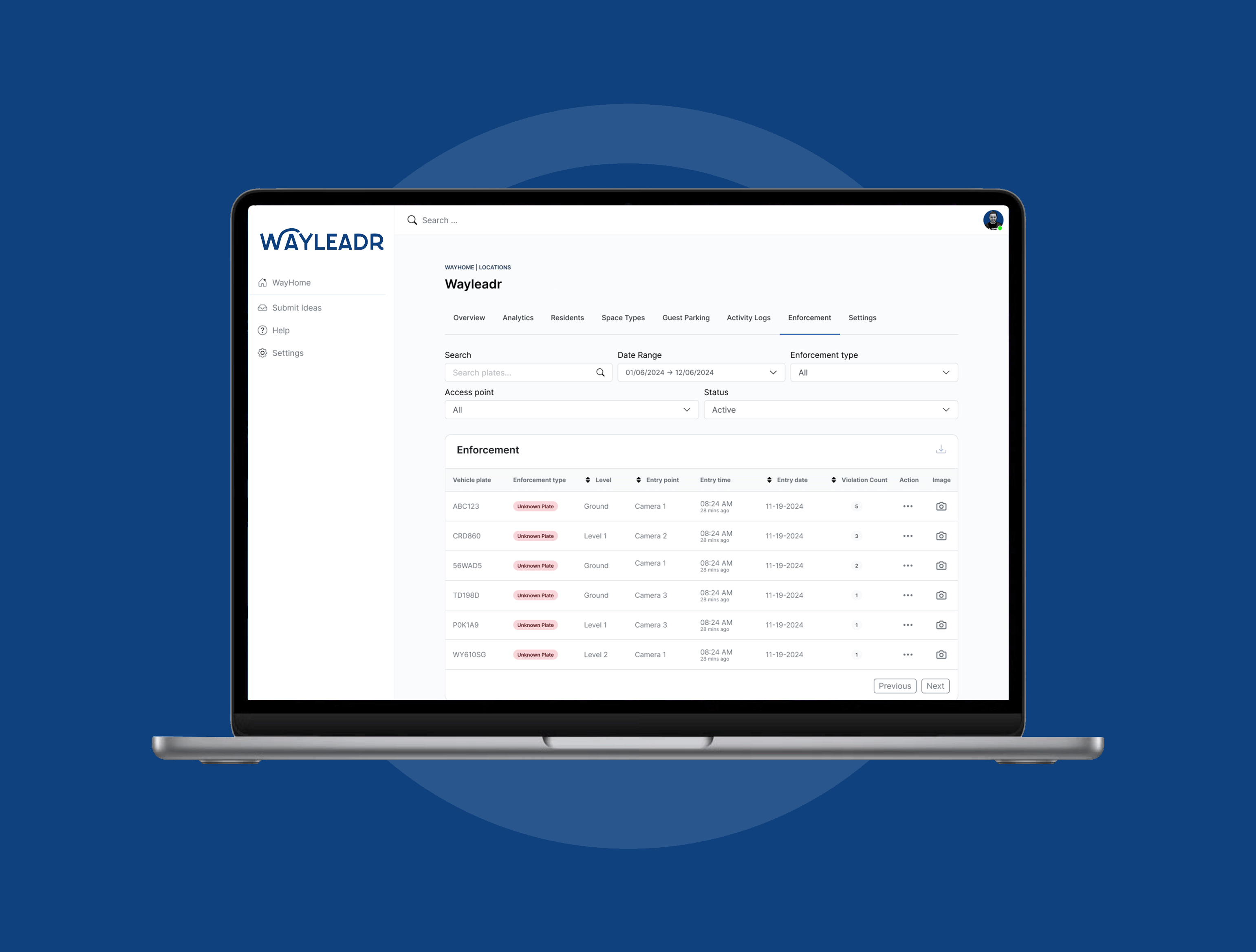 A laptop displaying the Wayleadr dashboard with a search function, enforcement details, and various settings on a blue background.