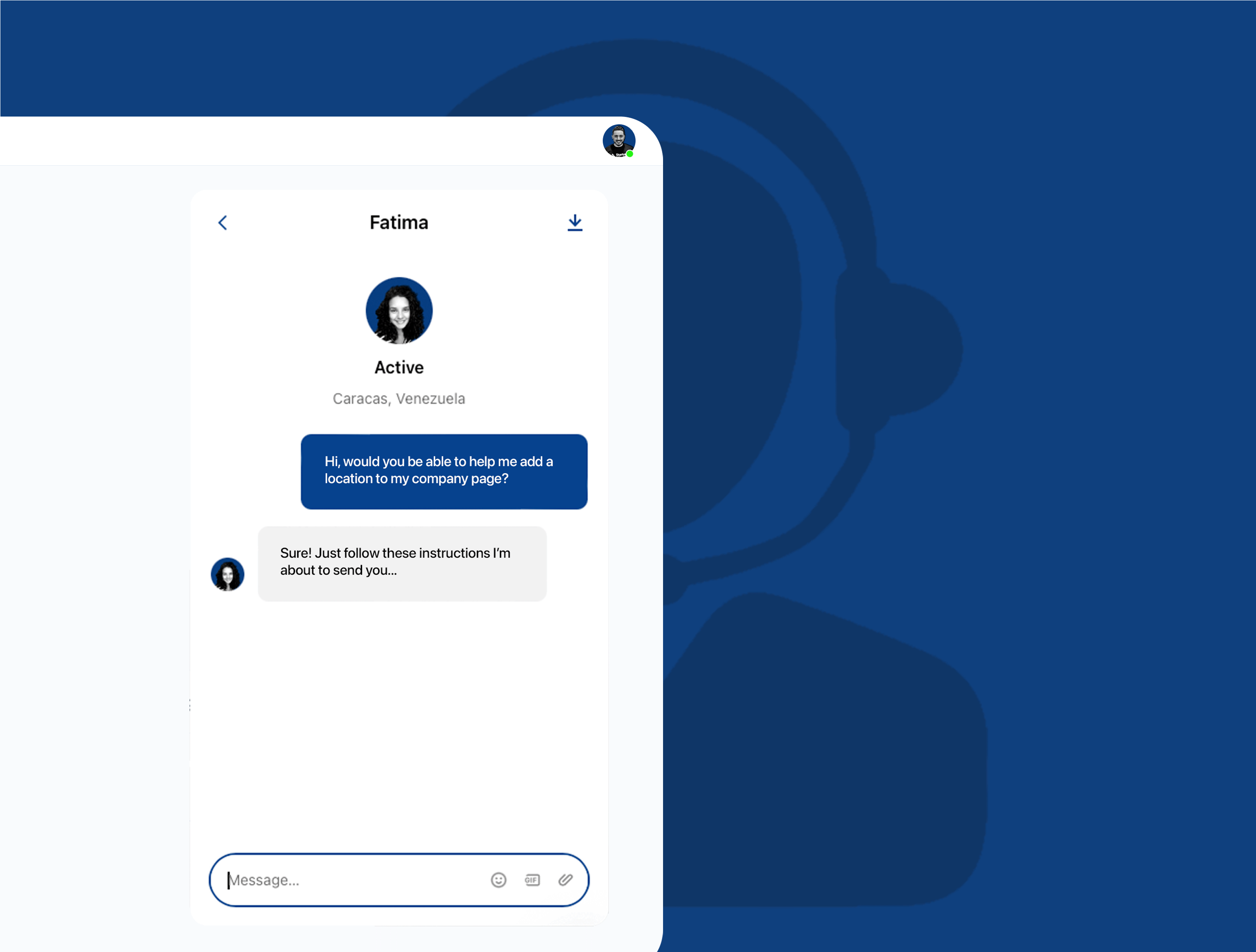 Chat interface showing a conversation. User named Fatima is active and located in Caracas, Venezuela. The chat discusses help with adding a location to a company page.