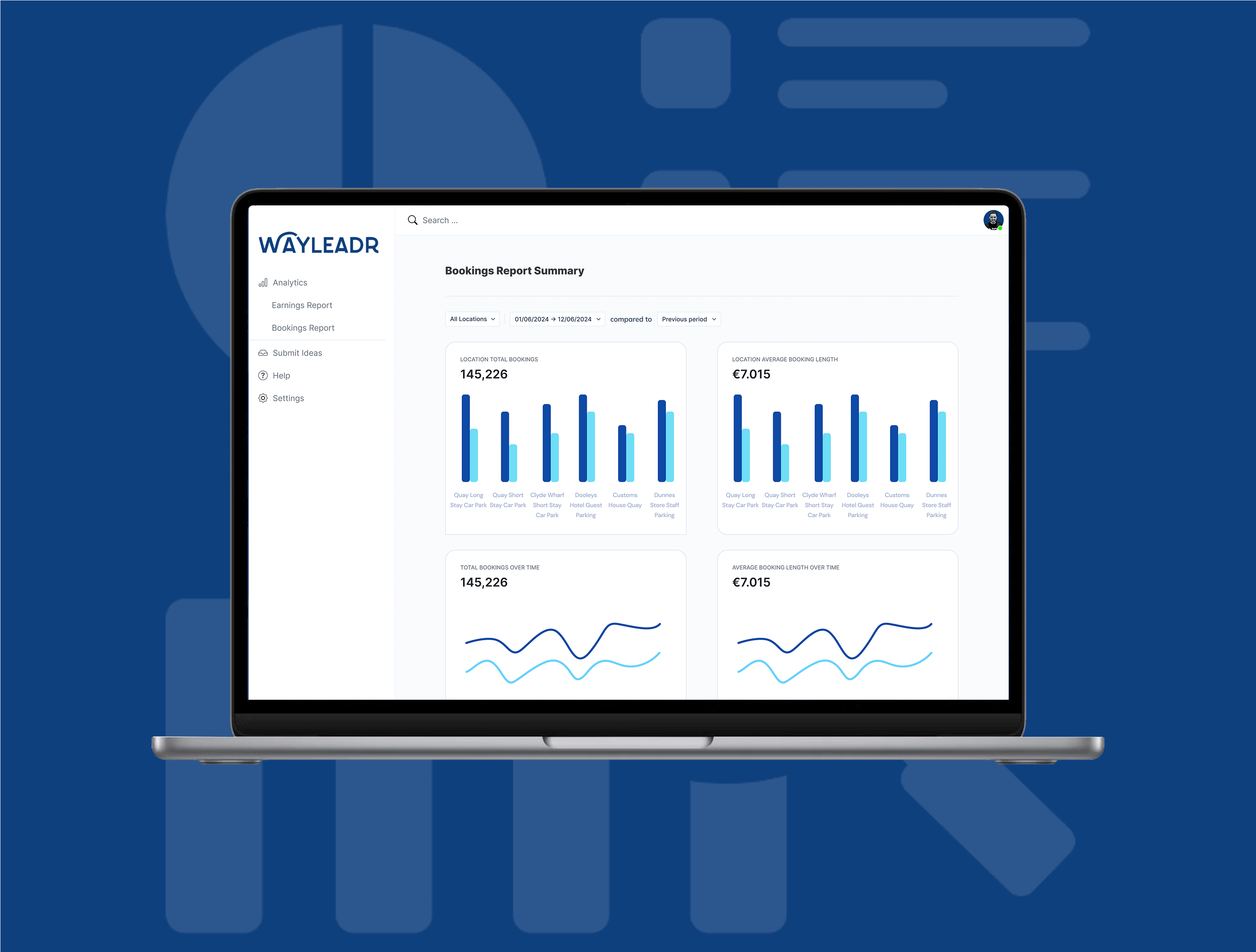 Laptop displaying a Wayleadr bookings report summary with graphs and data, set against a blue abstract background.