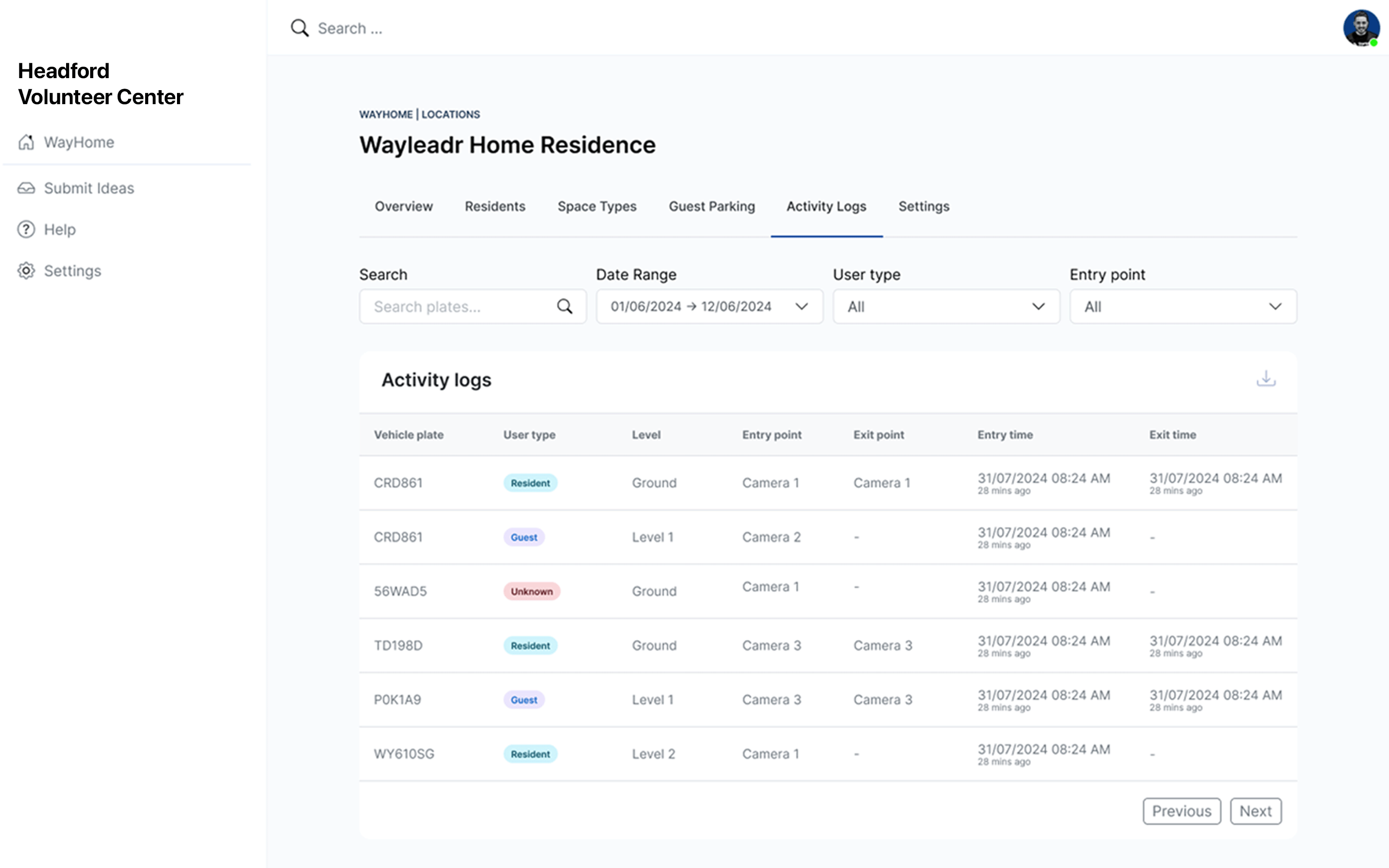 Activity logs page showing user entries via different cameras at the Wayleadr Home Residence. User types, dates, times, and entry points are listed in a table format.