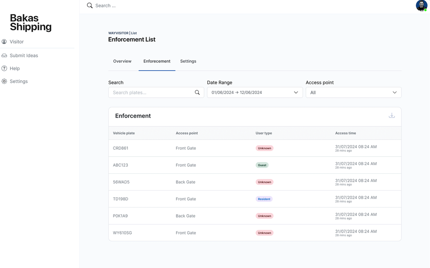 A dashboard showing an enforcement list with vehicle plates, access points, and access times. Some entries are marked "Unknown" or "Resolved.