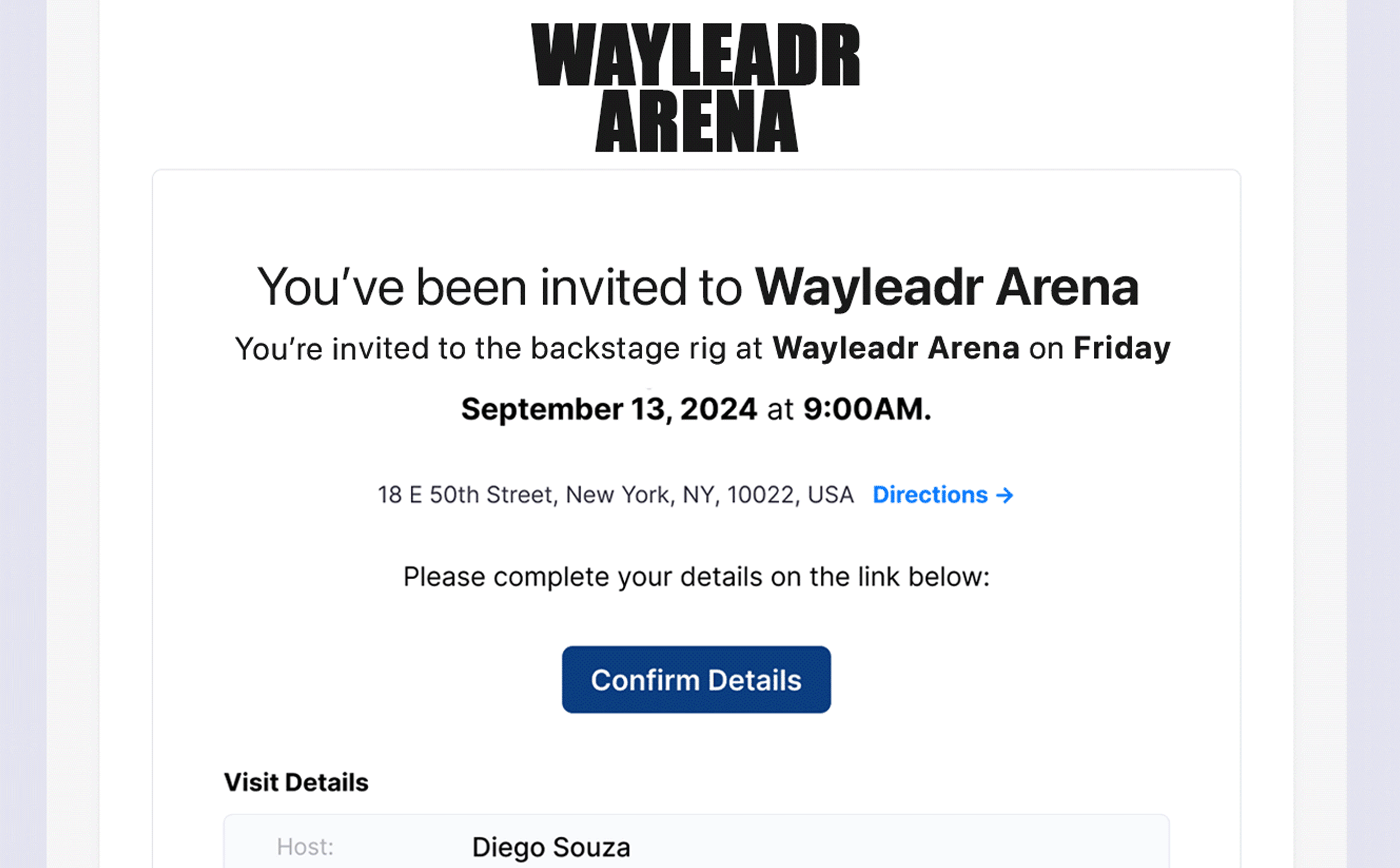 Invitation to Wayleadr Arena event on September 13, 2024, at 9:00 AM, in New York, NY. Includes options to confirm details and address with a link for directions.