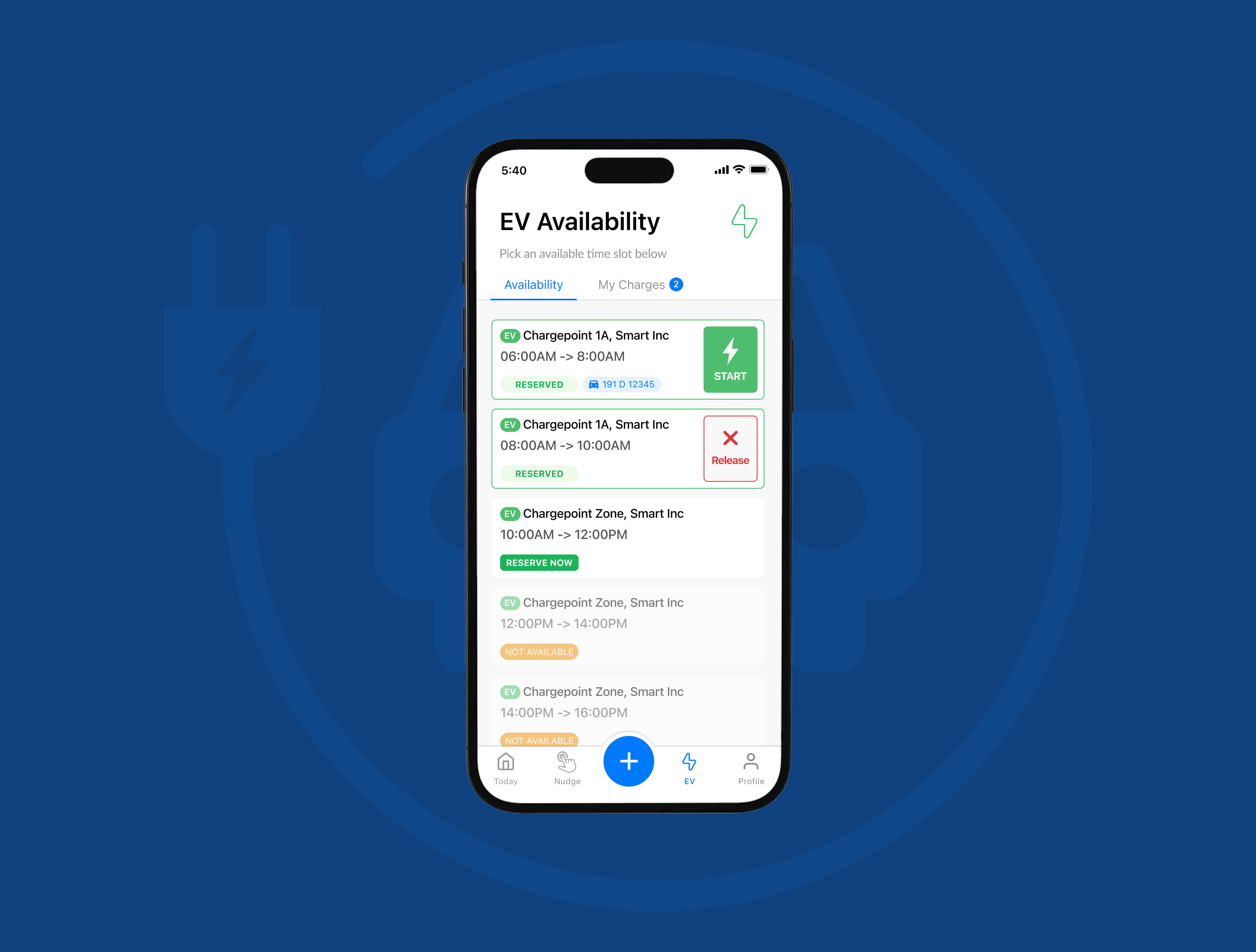 Smartphone app displaying EV charging station availability, showing several time slots with options to reserve or release.