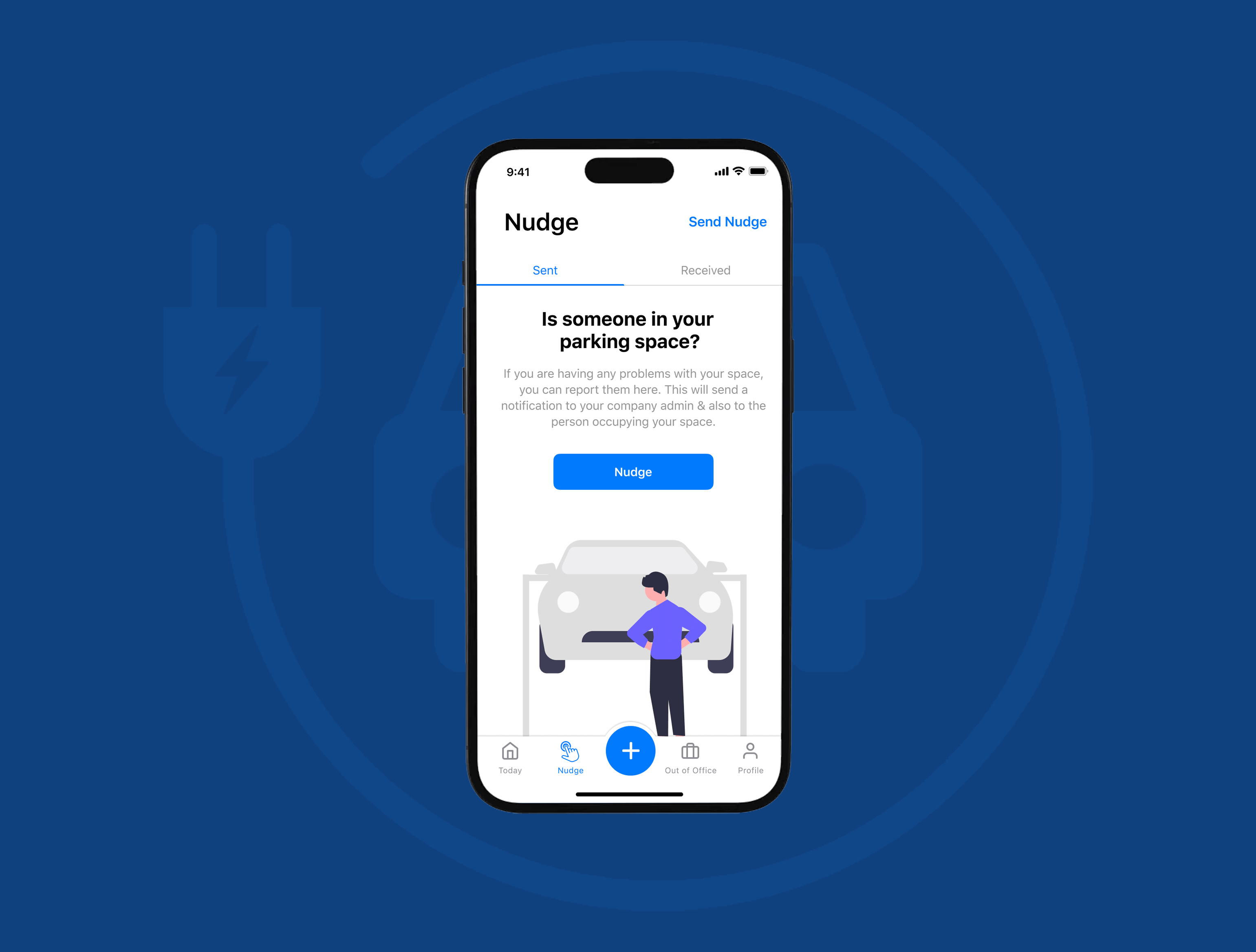 Smartphone app screen for "Nudge," displaying a notification feature for managing parking space issues, with a person standing in front of a car.