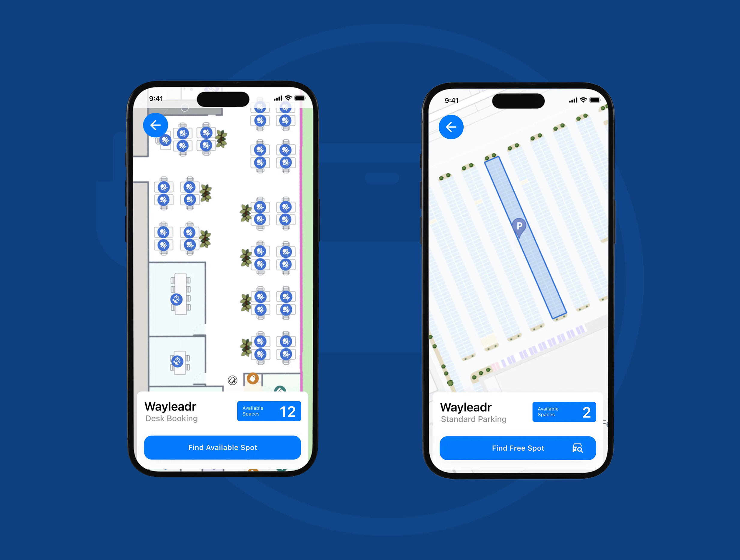 Two smartphone screens displaying Wayleadr app interfaces: one for desk booking with available slots and one for standard parking showing a free spot.