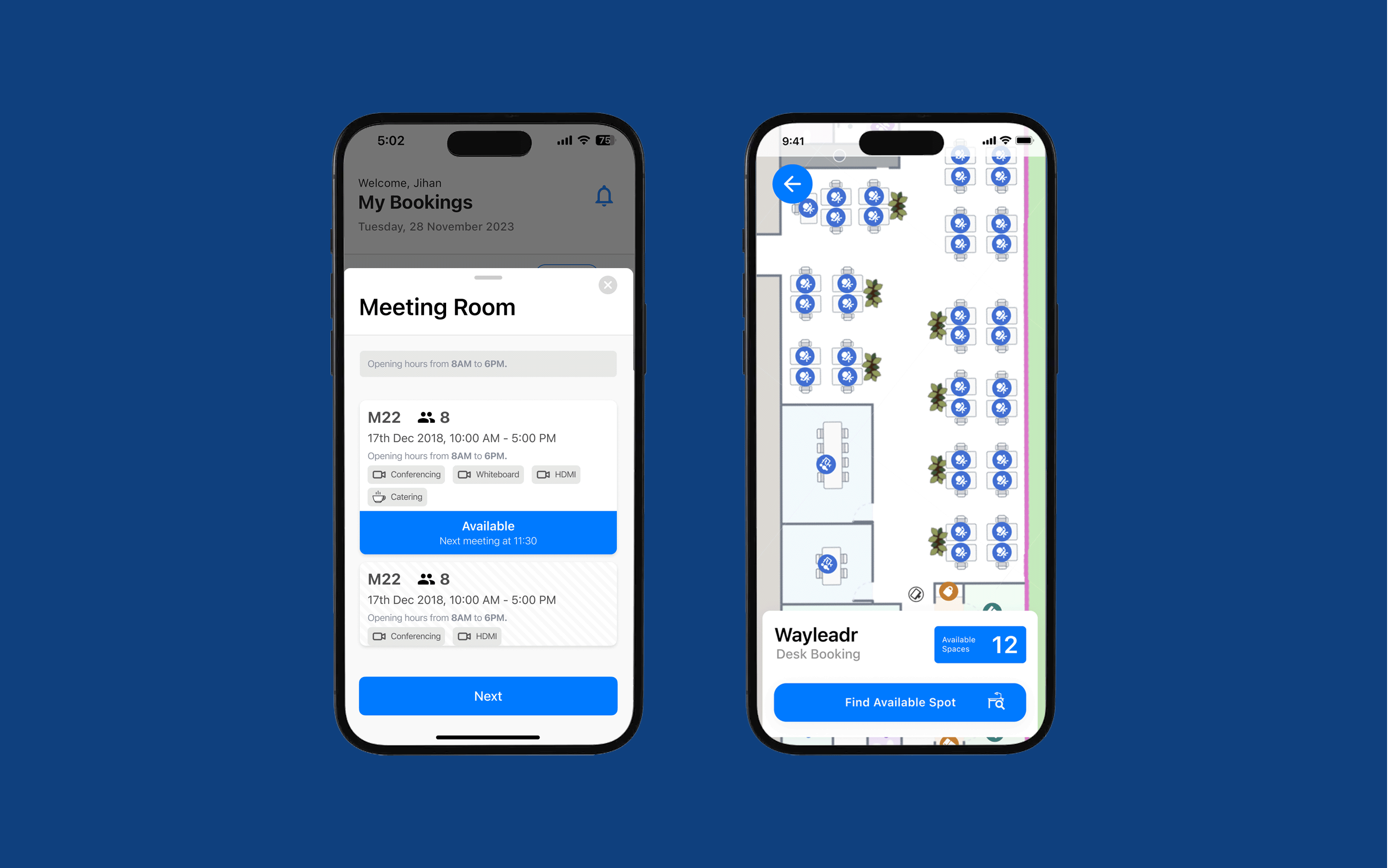 Two smartphones display a room booking app. The left screen shows booking details; the right screen shows a map with available desk spaces.