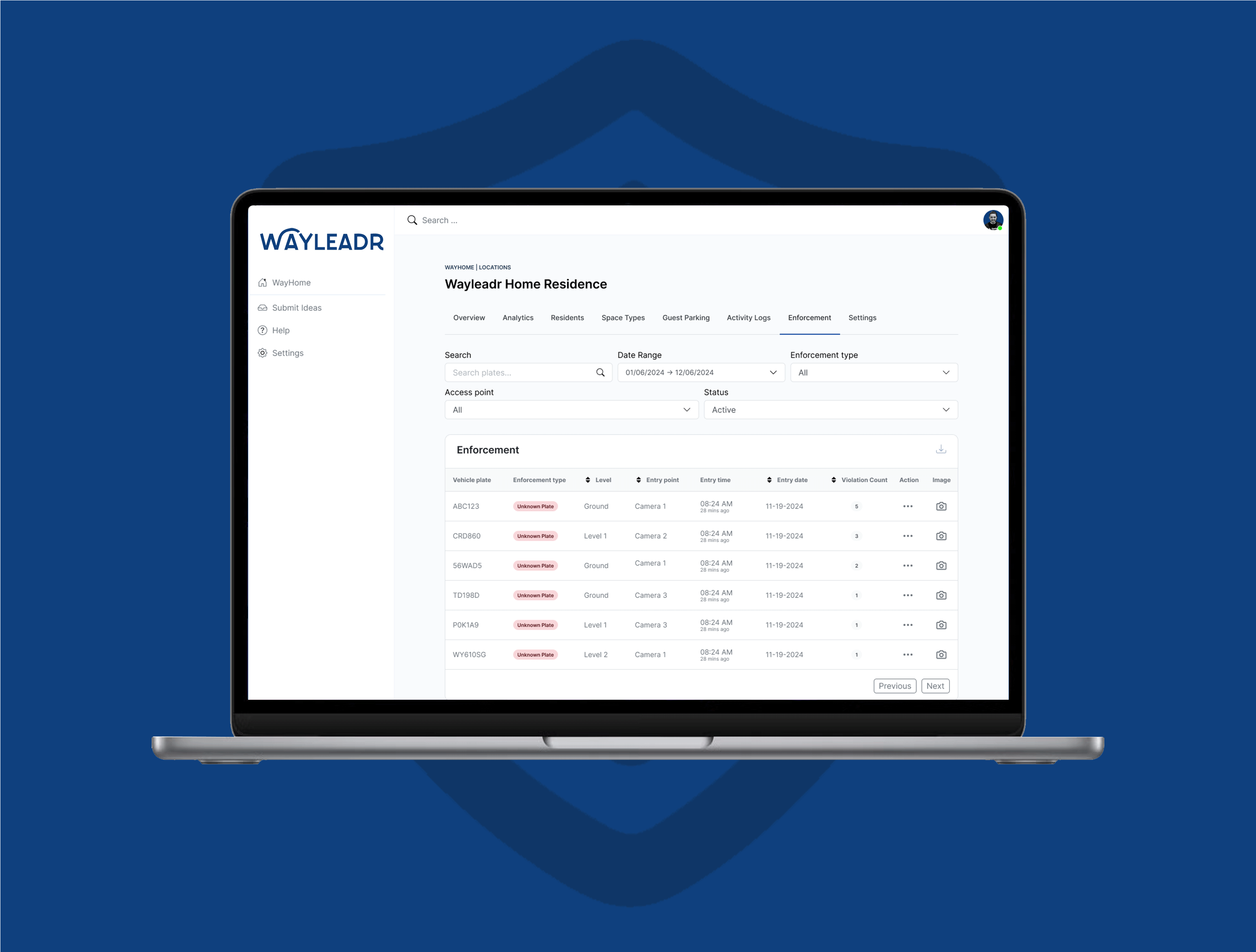 Laptop displaying Wayleadr Home Residence interface with search, settings, and enforcement details on a blue background.