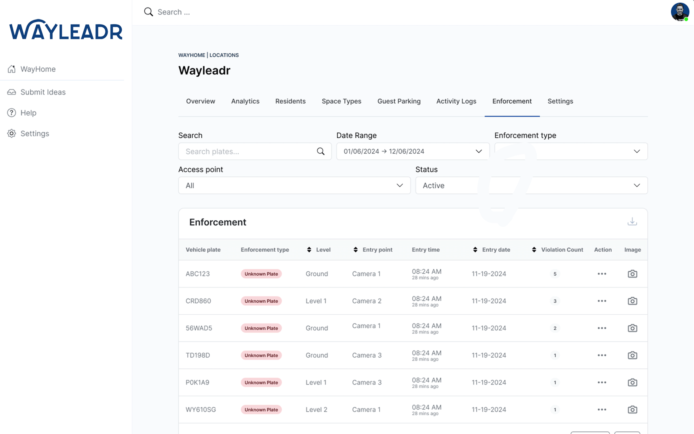 Screenshot of a Wayleadr dashboard showing enforcement details, such as license plates, level, entry point, entry time, exit time, and violation count.