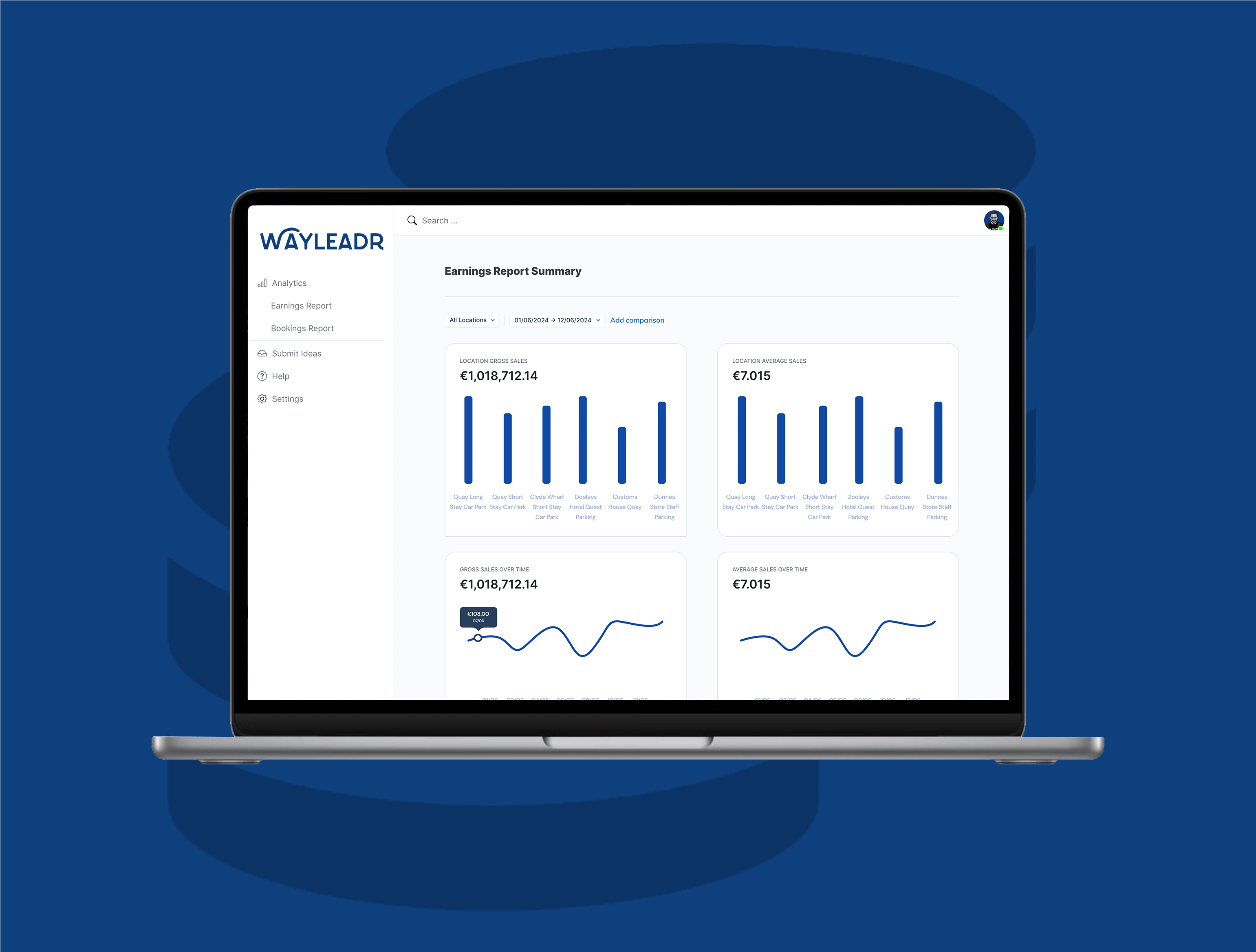 Laptop displaying a financial earnings report with graphs and figures from an app interface.