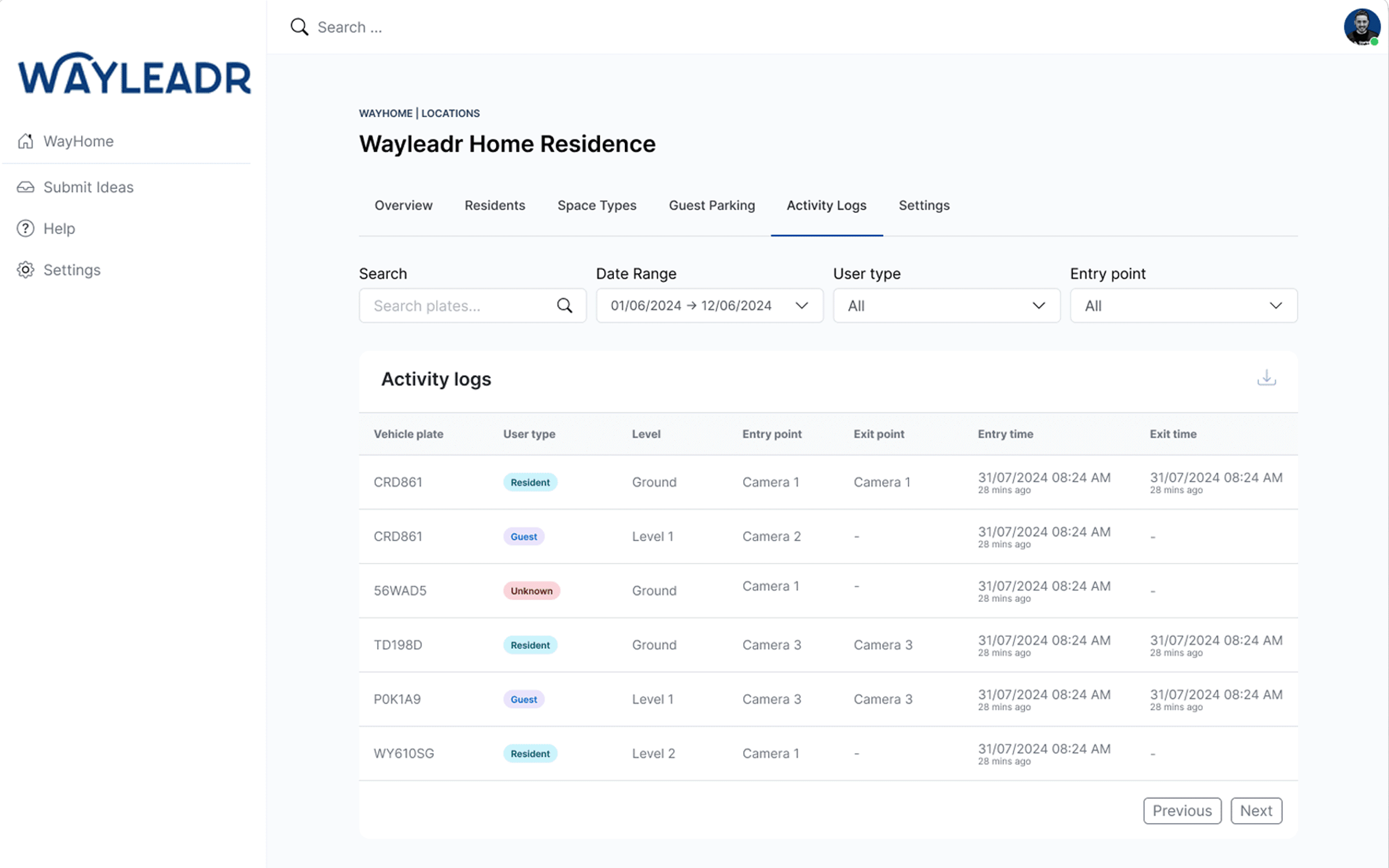 Screenshot of a Wayleadr interface displaying activity logs for "Wayleadr Home Residence," showing user types, camera views, and entry times from 3/10/2024 to 3/12/2024.