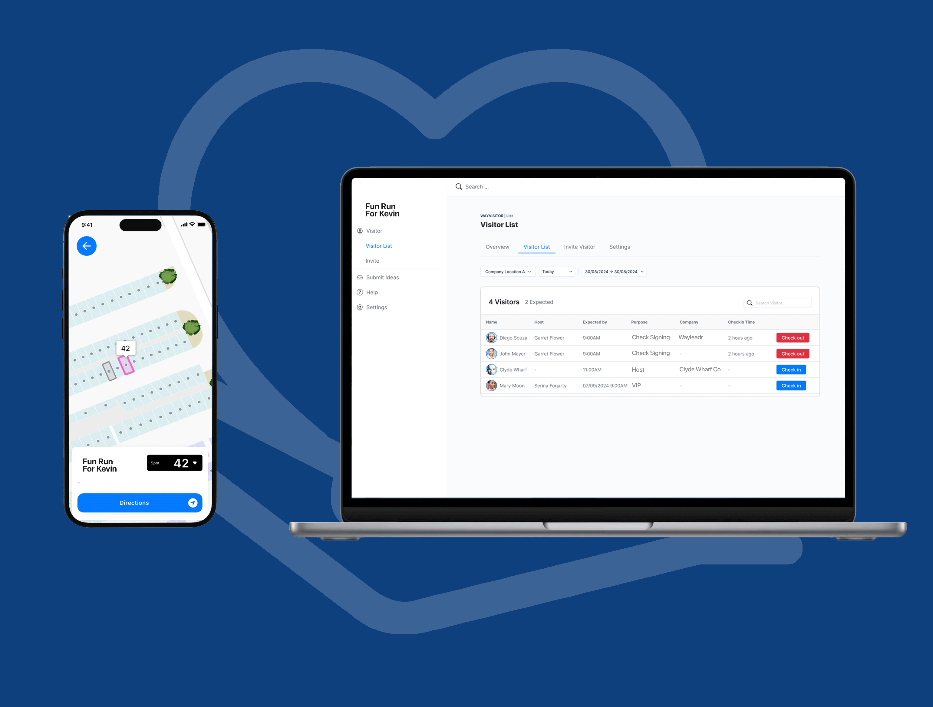 A smartphone and a laptop display a running event app, showing a route map on the phone and a visitor list on the laptop against a blue background with a heart outline.