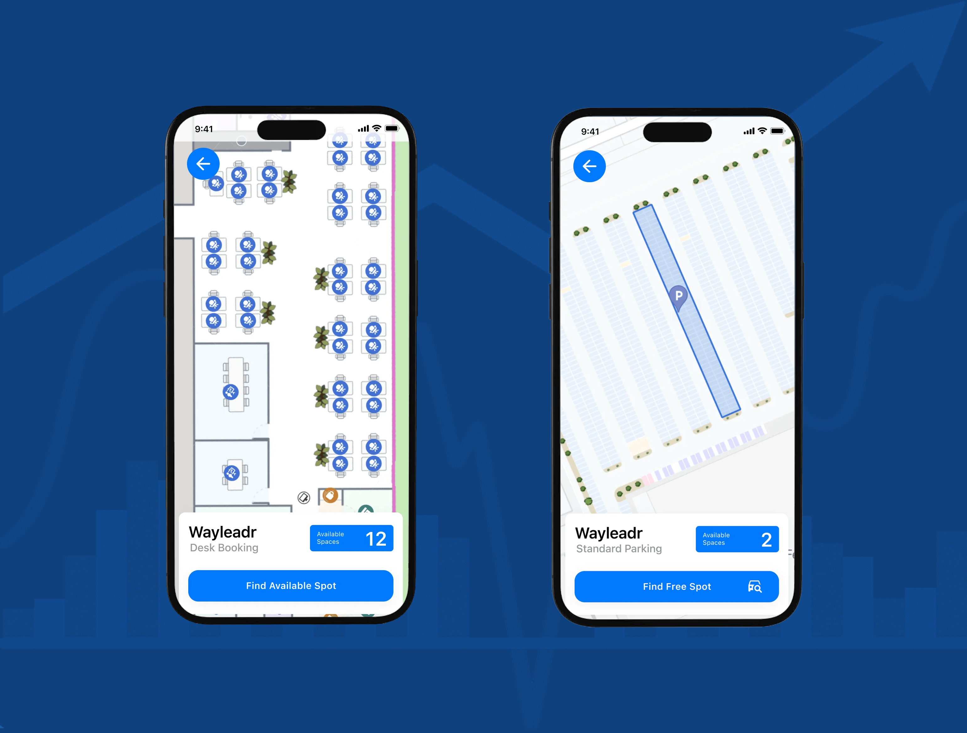 Two smartphones displaying a desk booking map and a parking spot map in a digital app against a blue background.