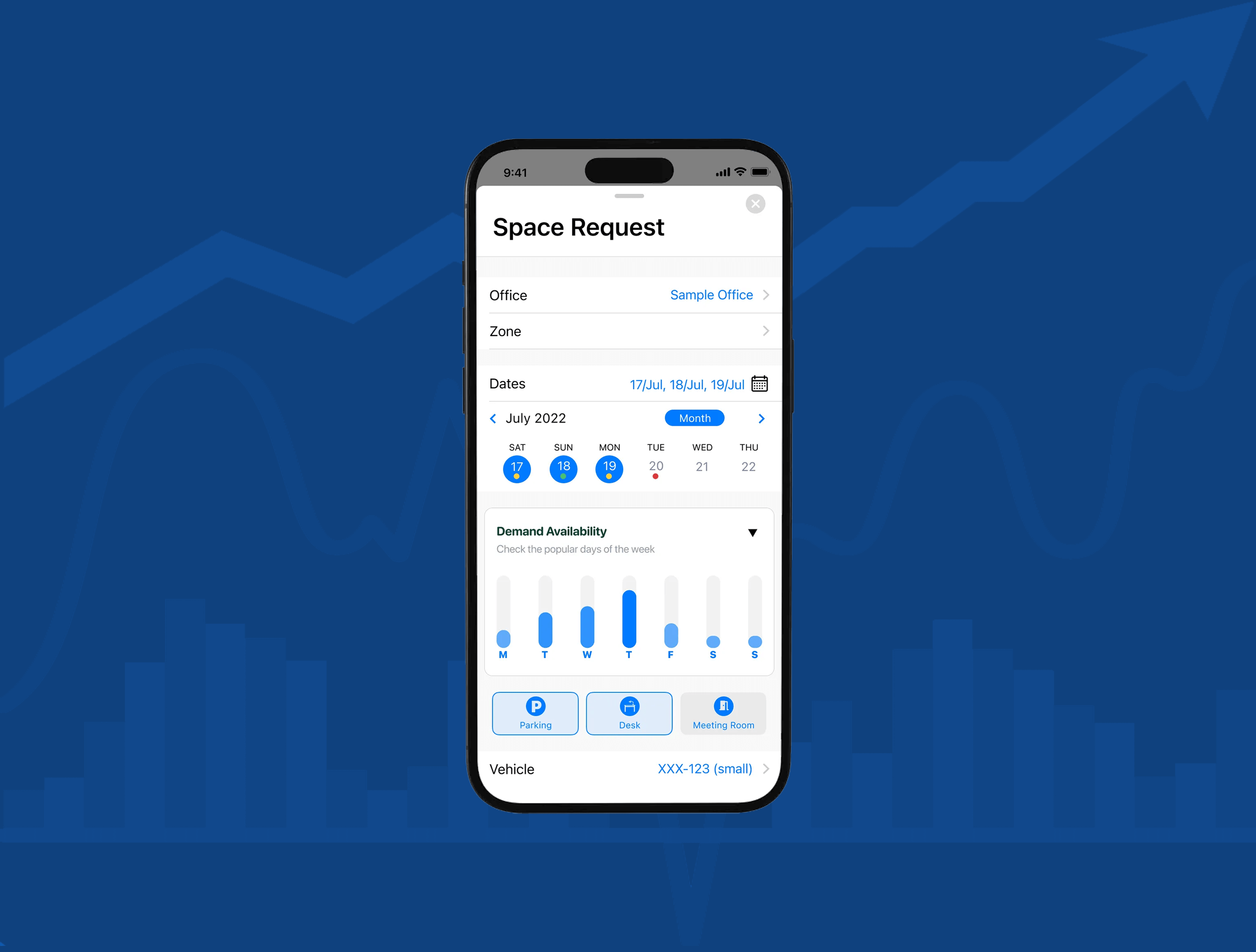 Mobile app interface showing space request options, including office zone, dates, demand availability, and vehicle choice. Background features a bar graph and upward arrow.