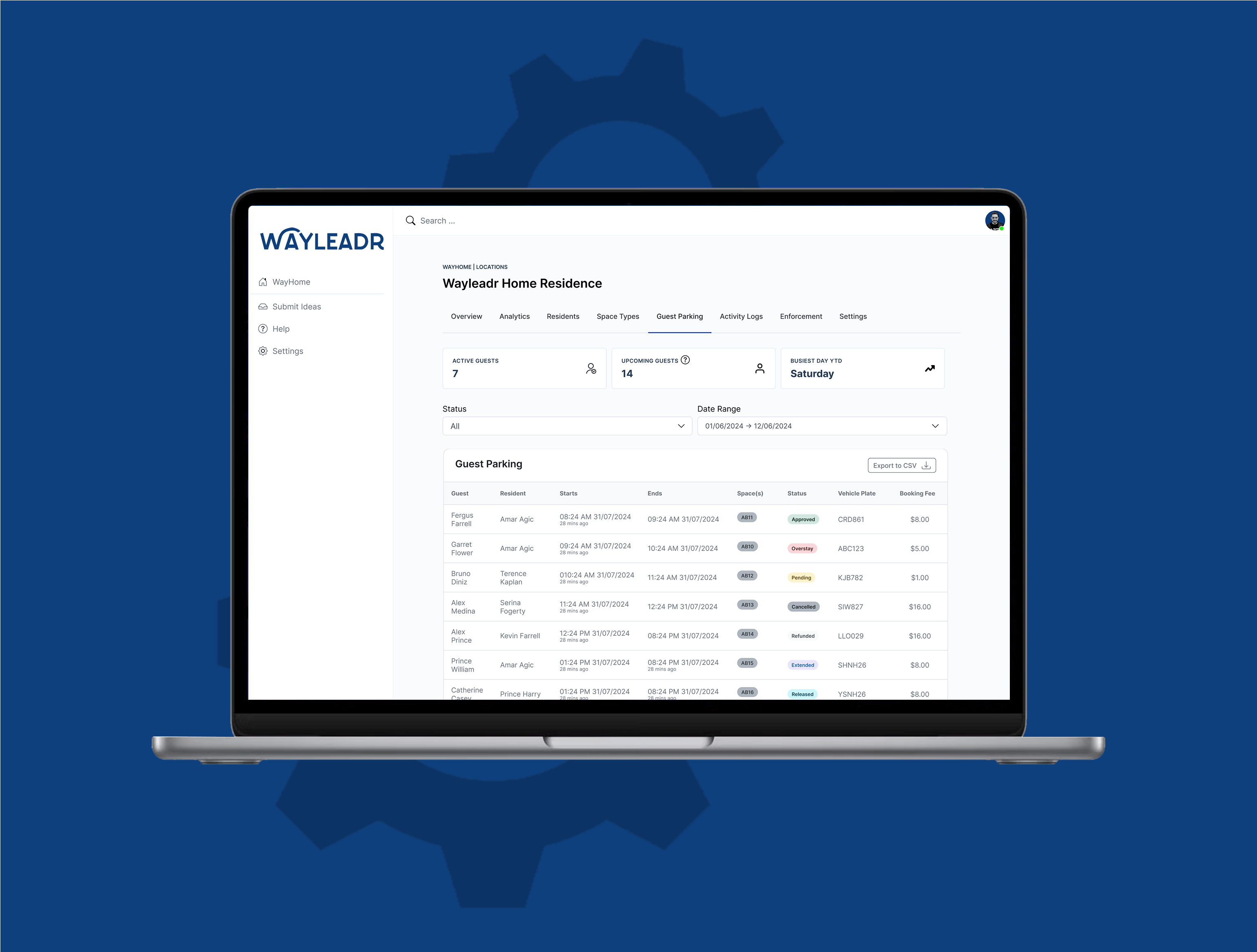 Laptop displaying Wayleadr application with guest parking details against a blue background.