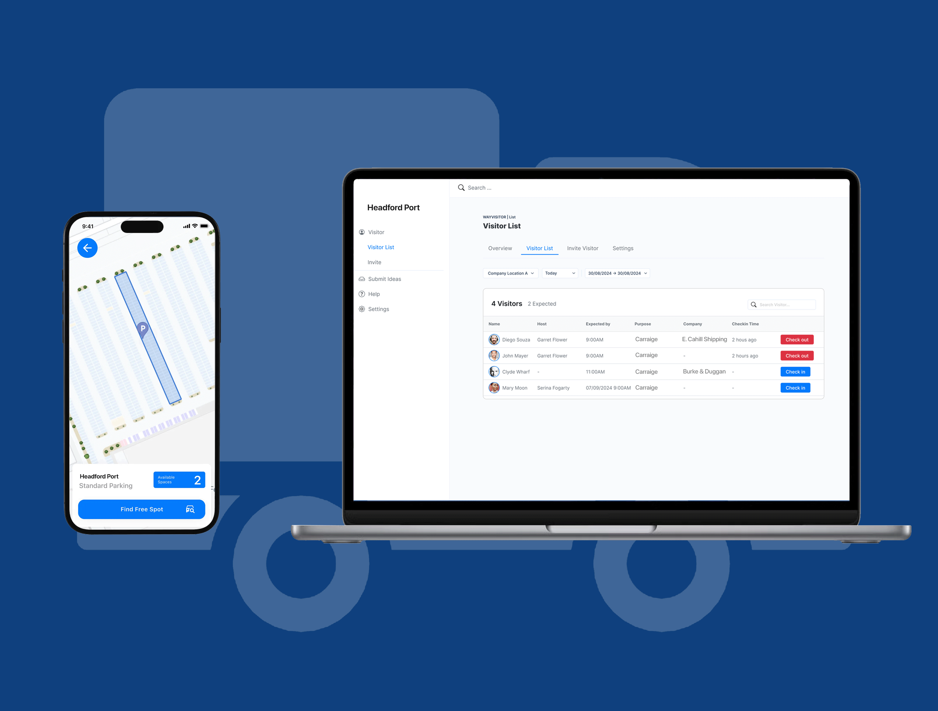 A smartphone displaying a parking app next to a laptop showing a visitor management interface, both on a blue background.