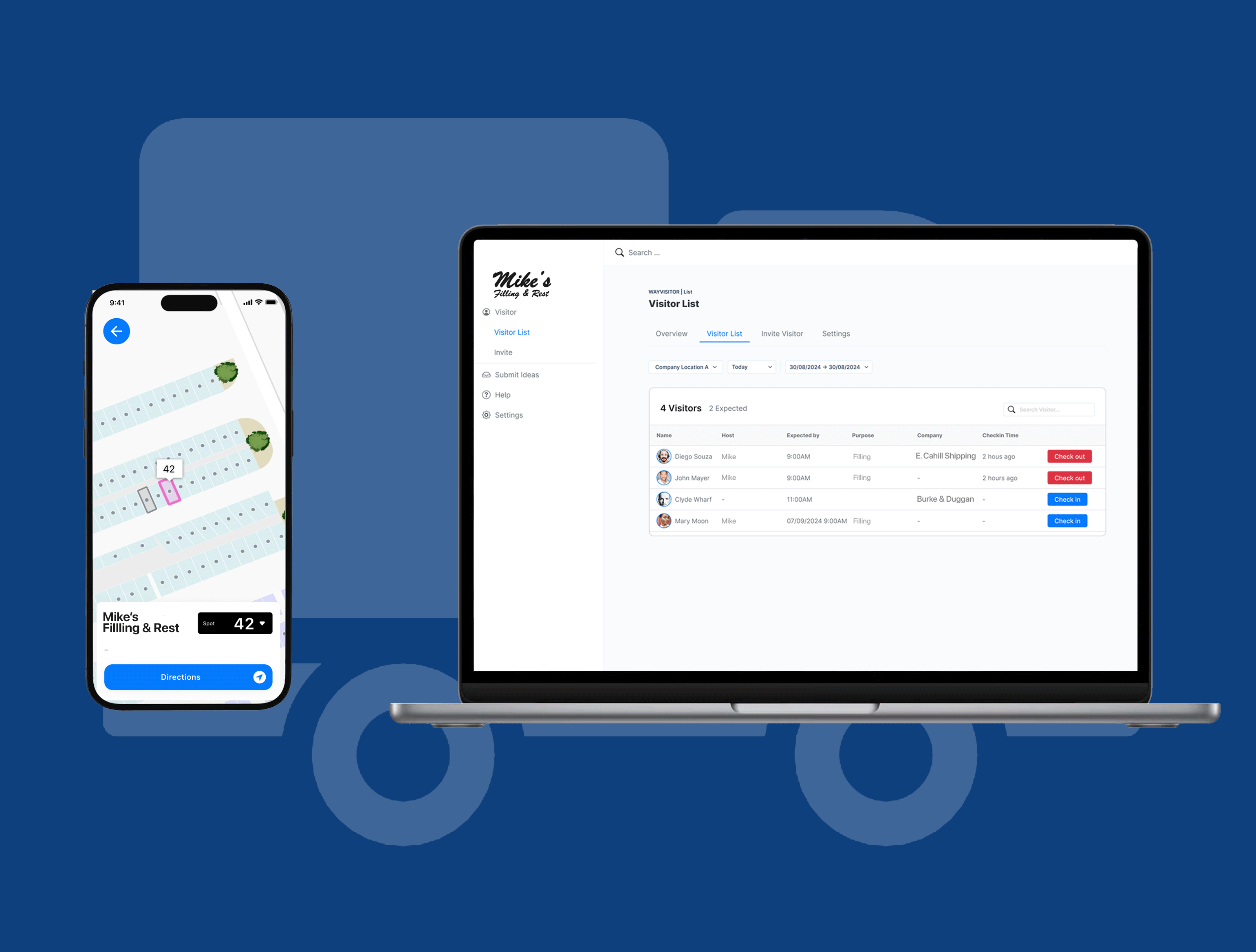 Smartphone displaying a restaurant app alongside a laptop showing a visitor list and settings. Both devices are set against a blue background with a faint truck silhouette.