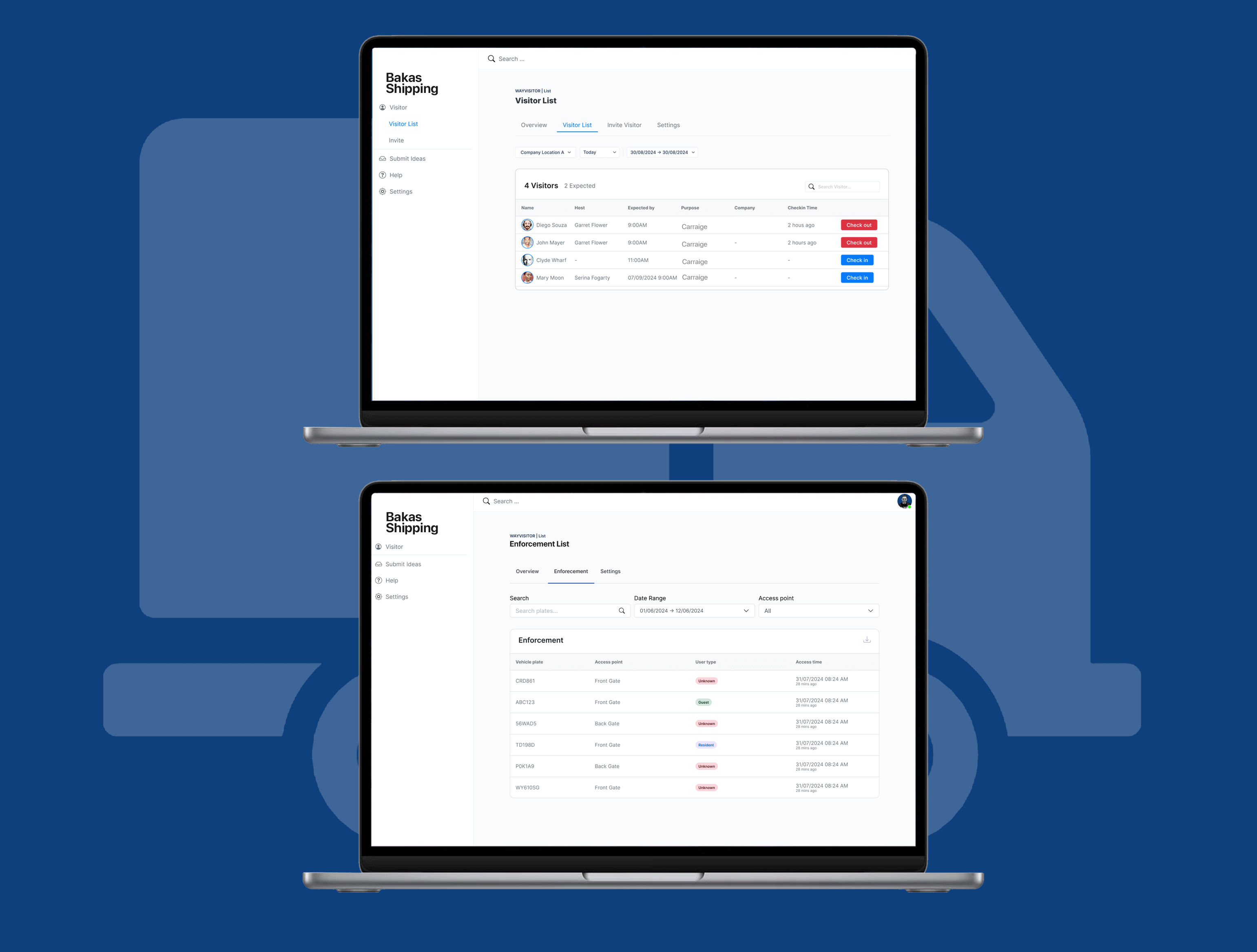 Two laptops display shipping management software with tabs for visitor logs and enforcement. The background shows a truck icon on a blue backdrop.