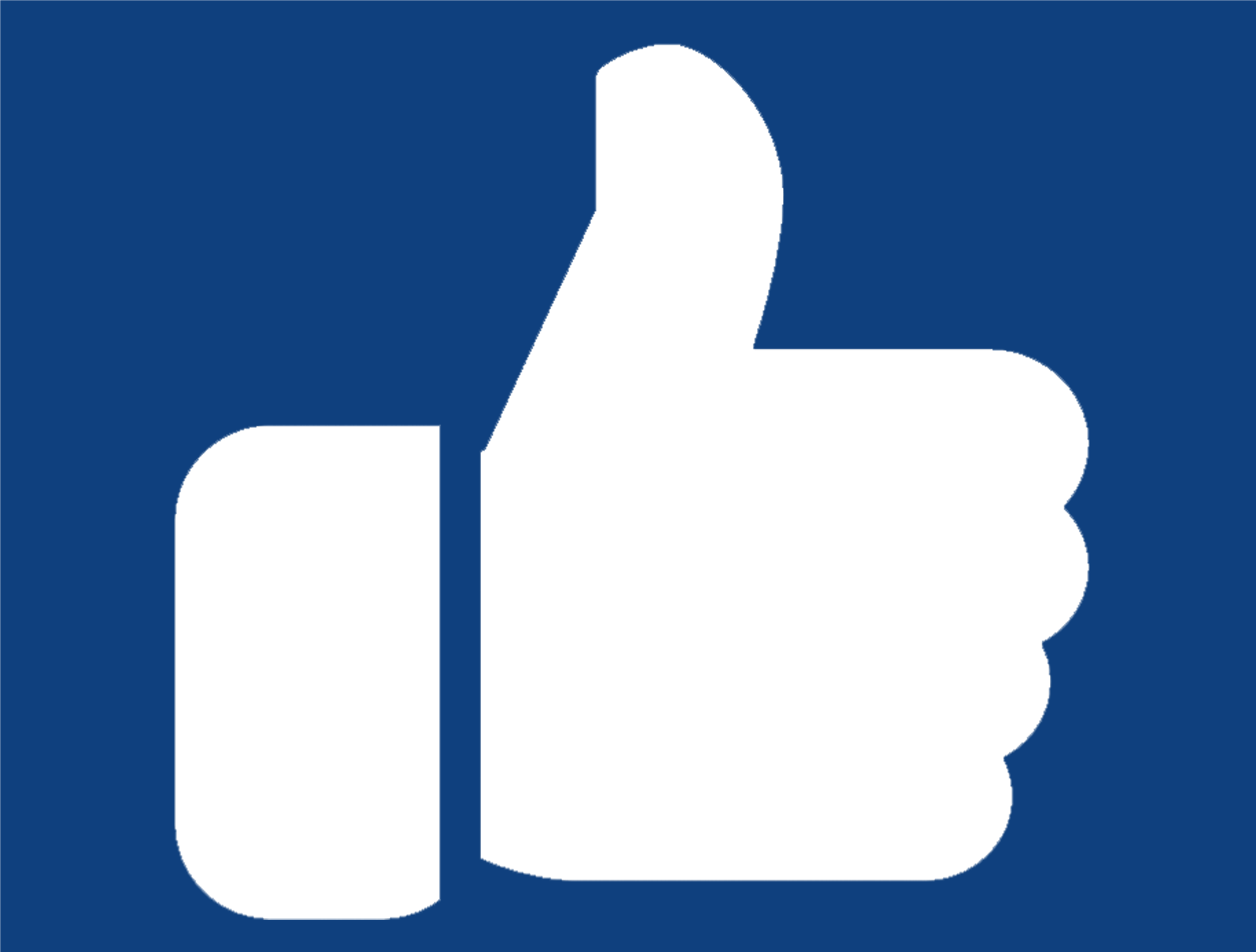 White thumbs-up icon on a blue background.