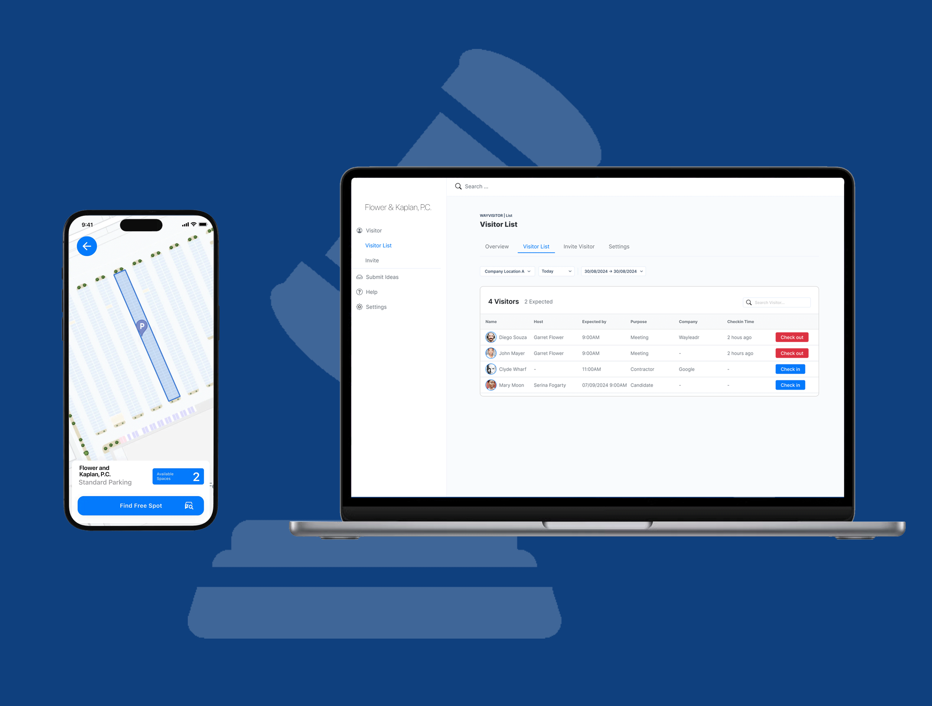 Smartphone showing a parking lot app and a laptop displaying a visitor list on a blue background with a gavel icon.