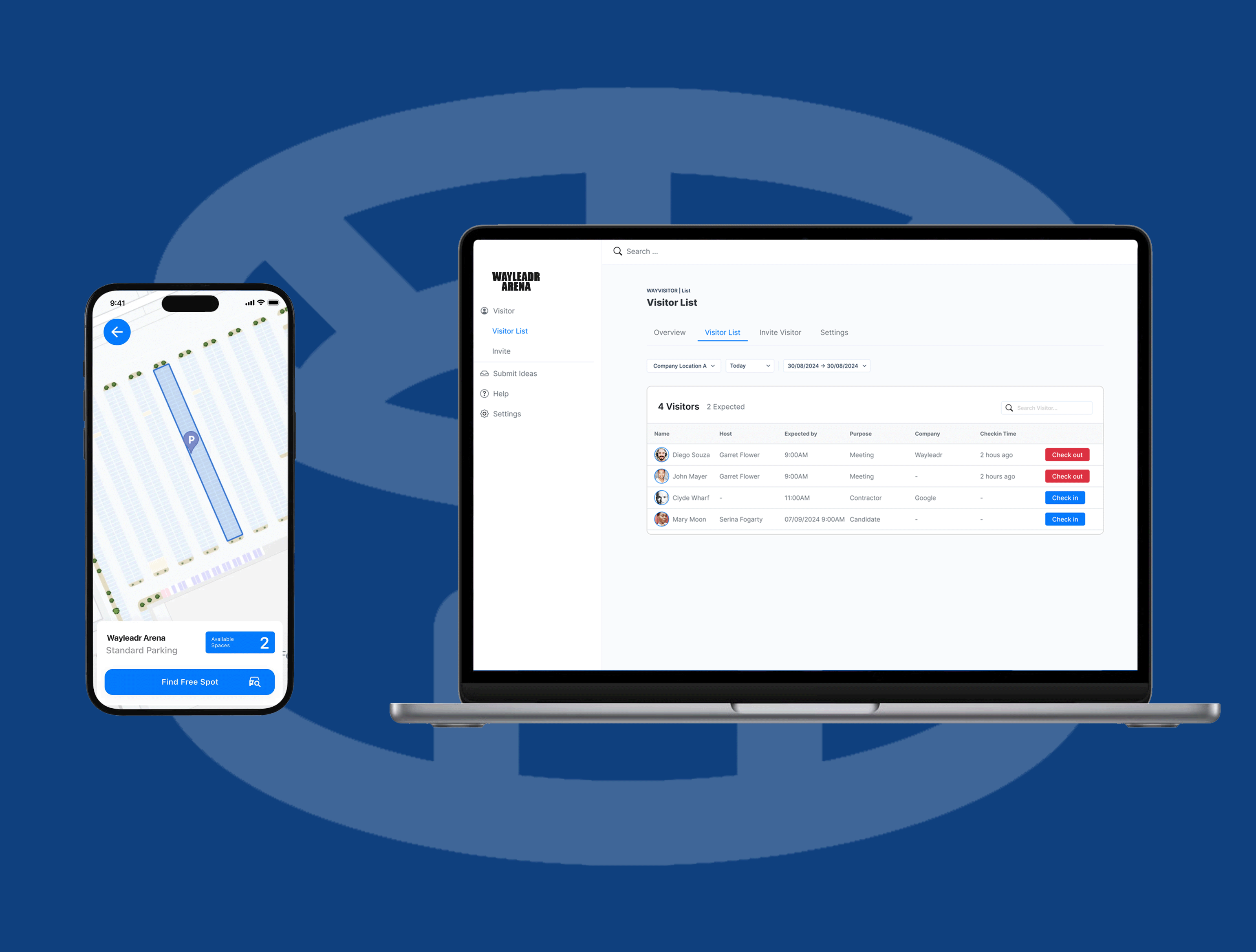 A smartphone and laptop display software interfaces: the phone shows a map feature, and the laptop shows a visitor management dashboard.