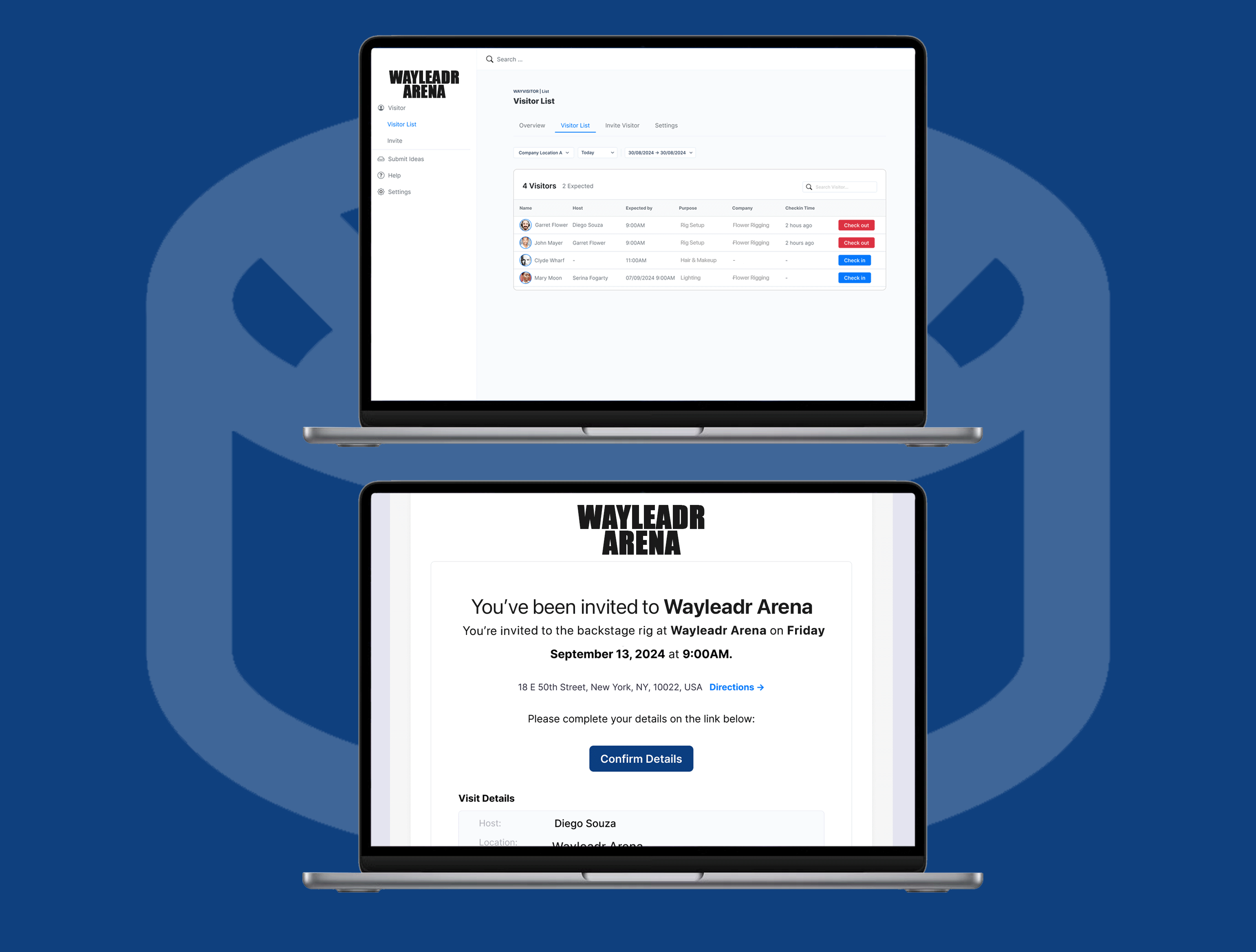 Two laptop screens display an invitation and a visitor management interface for Wayleadr Arena.