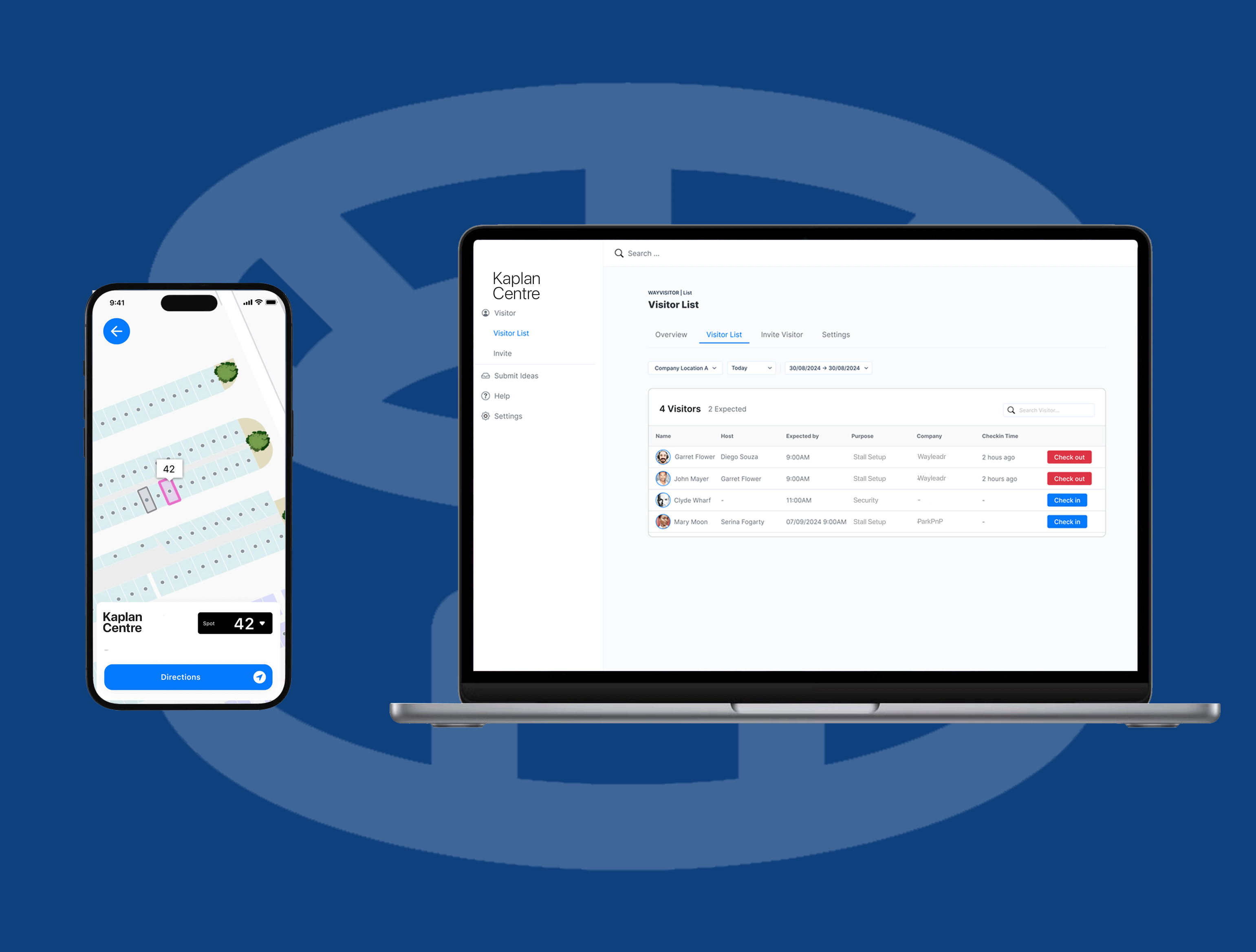 Laptop displaying a visitor list interface beside a smartphone showing a location map with directions, all set against a blue background.